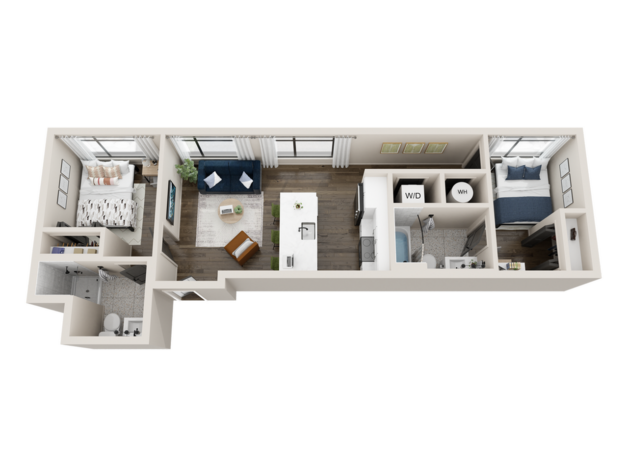 Modern 3D floor plan showcasing a sleek apartment with two elegant bedrooms, a spacious open-concept living area, and a contemporary kitchen. Includes convenient laundry facilities and stylish bathrooms.