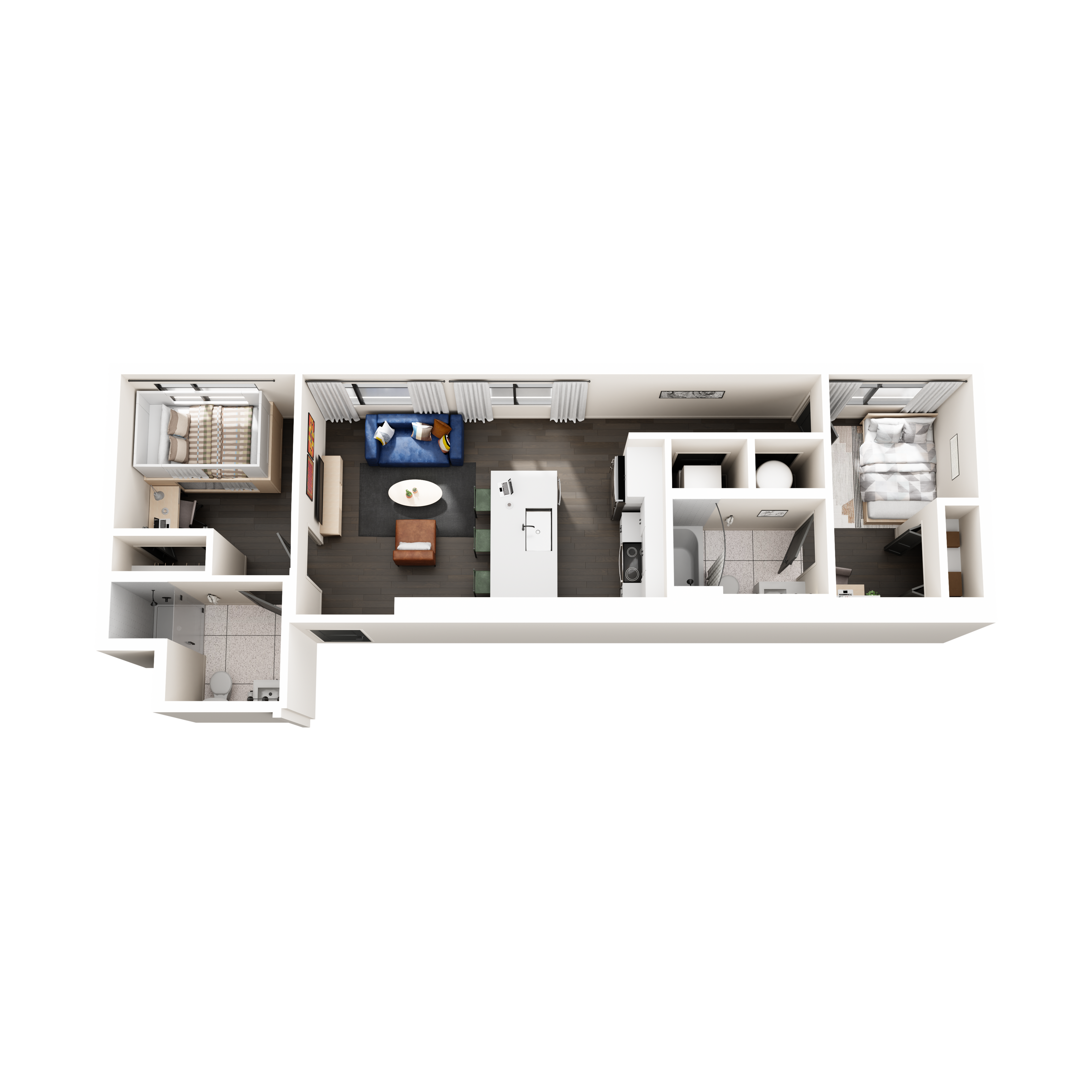 Contemporary 3D floor plan showcasing 2 bedrooms, sleek living room, modern kitchen, and elegant bathroom layout.