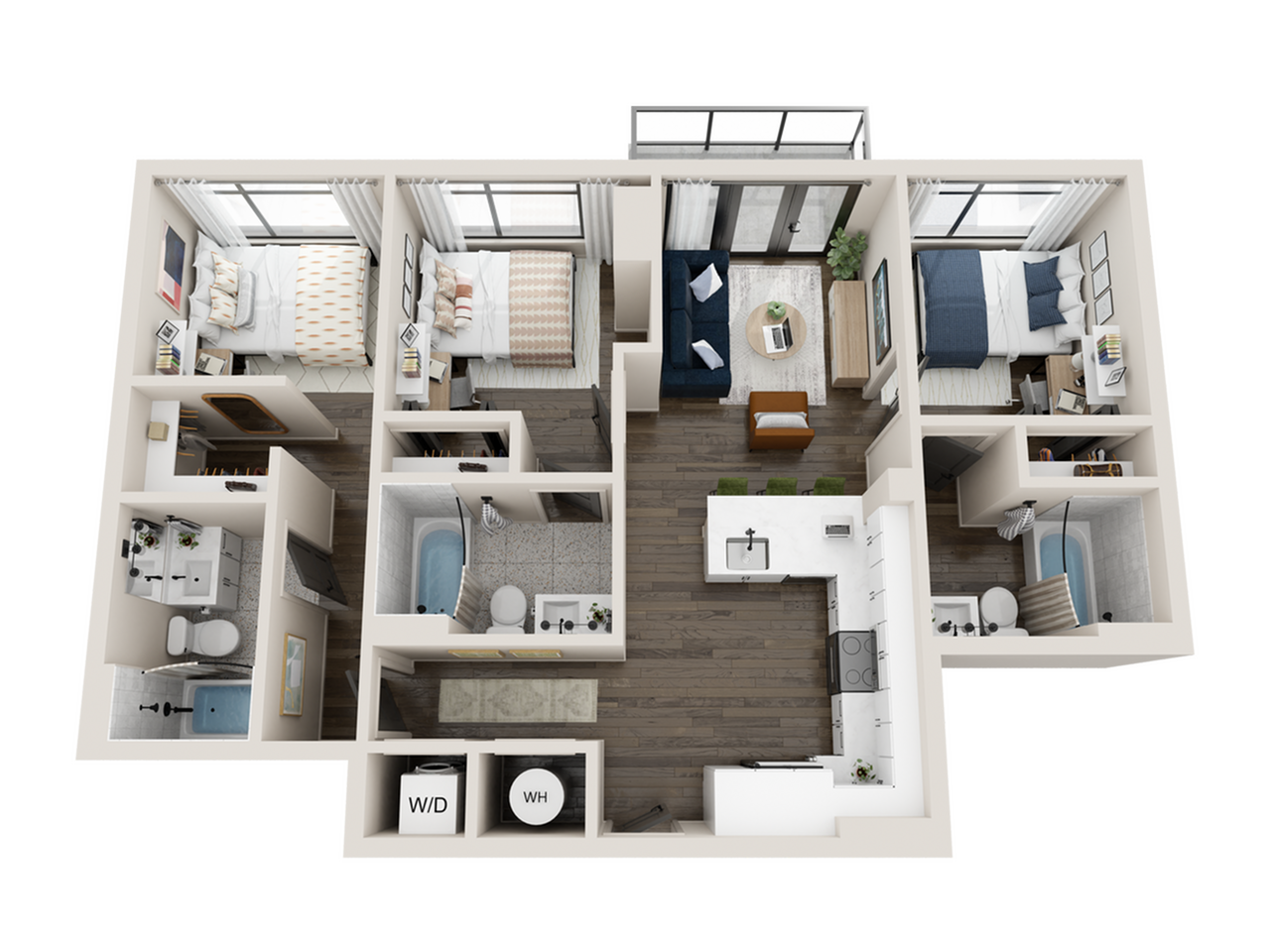 Modern 3D floor plan of a sophisticated apartment with 3 bedrooms, sleek kitchen, and an inviting open living space, designed for comfort and style.