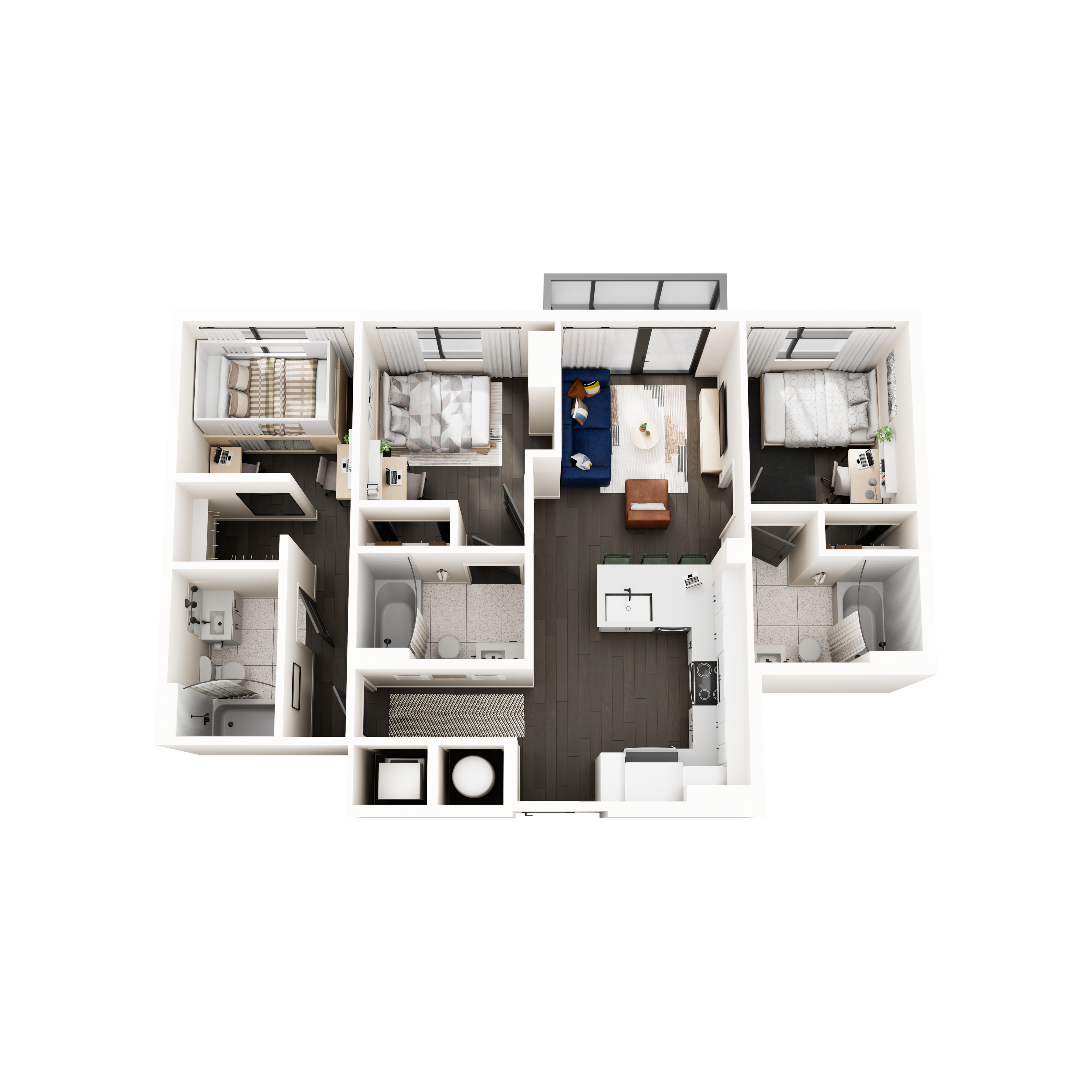 Modern 3D floor plan showcasing 2 bedrooms, a stylish open living area, and a contemporary kitchen with dark wood flooring.