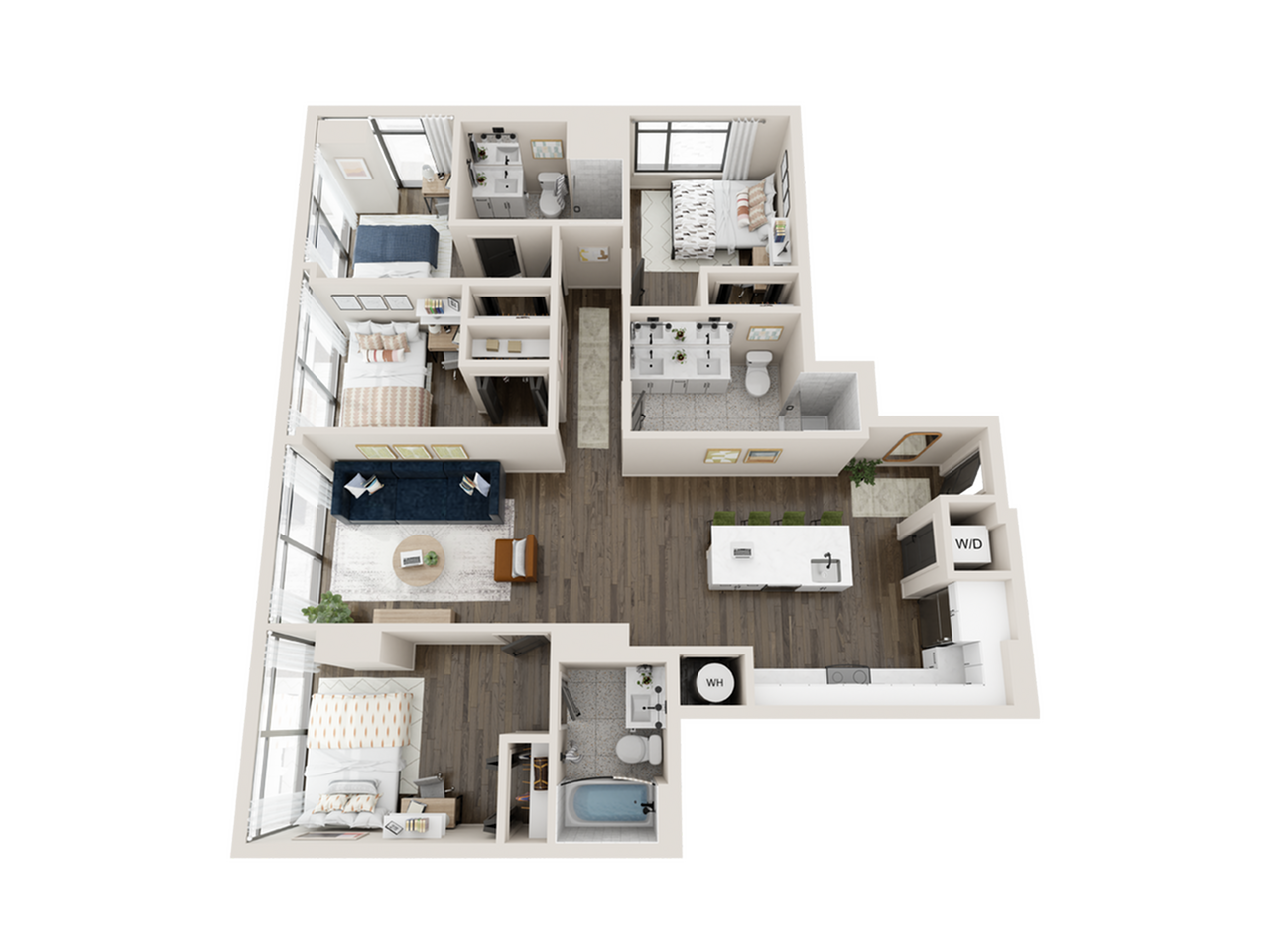 Modern floor plan featuring 3 spacious bedrooms, a sleek open-concept kitchen with island, cozy living room with natural light, and elegant bathrooms.