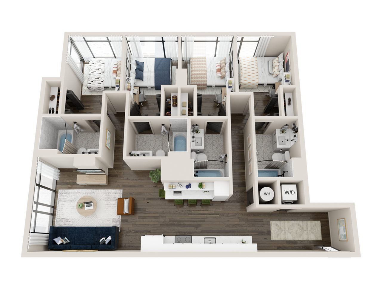Modern 3D floor plan featuring three spacious bedrooms, two elegant bathrooms, and a stylish open-concept kitchen and living area.