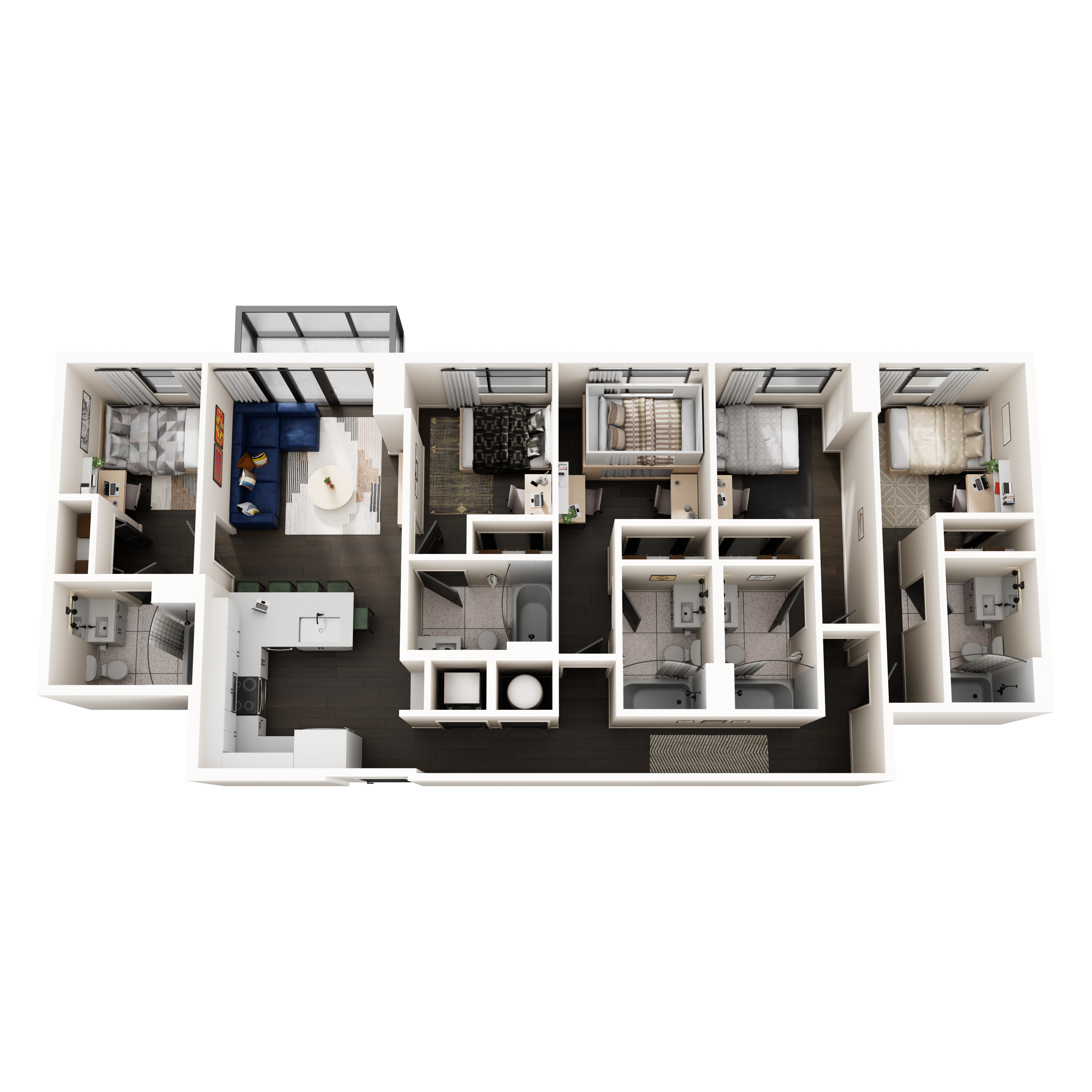 Contemporary 3D floor plan showcasing 3 spacious bedrooms, a sleek open kitchen, modern living area, and multiple bathrooms, perfect for comfortable living.