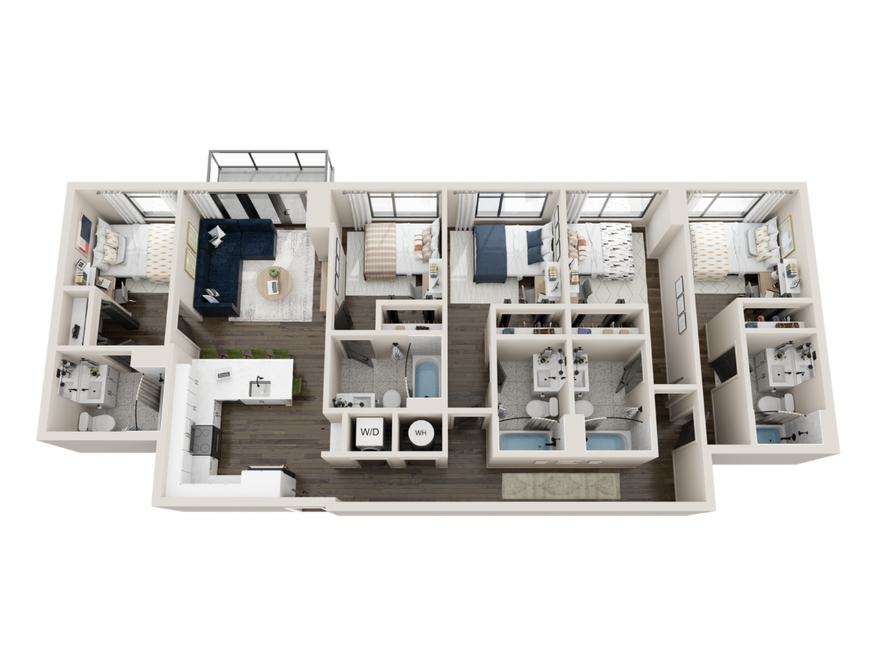 Modern 3D floor plan showcasing 3 spacious bedrooms, open-concept living and dining area, and a sleek kitchen with island. Includes multiple bathrooms and laundry area for added convenience.