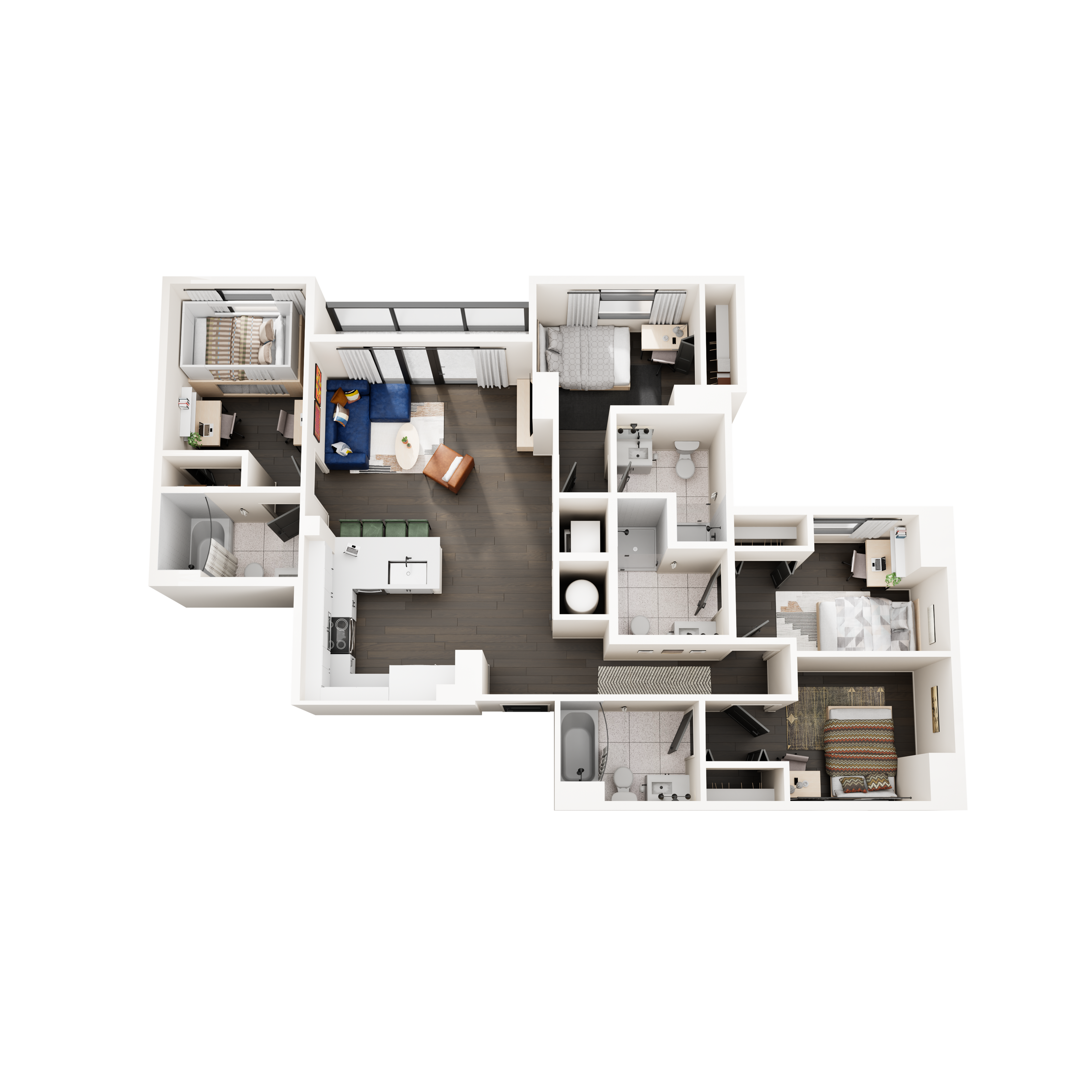 3D floor plan showcasing a contemporary 3-bedroom apartment with an open-concept kitchen and living area, featuring two modern bathrooms and elegant wooden flooring.