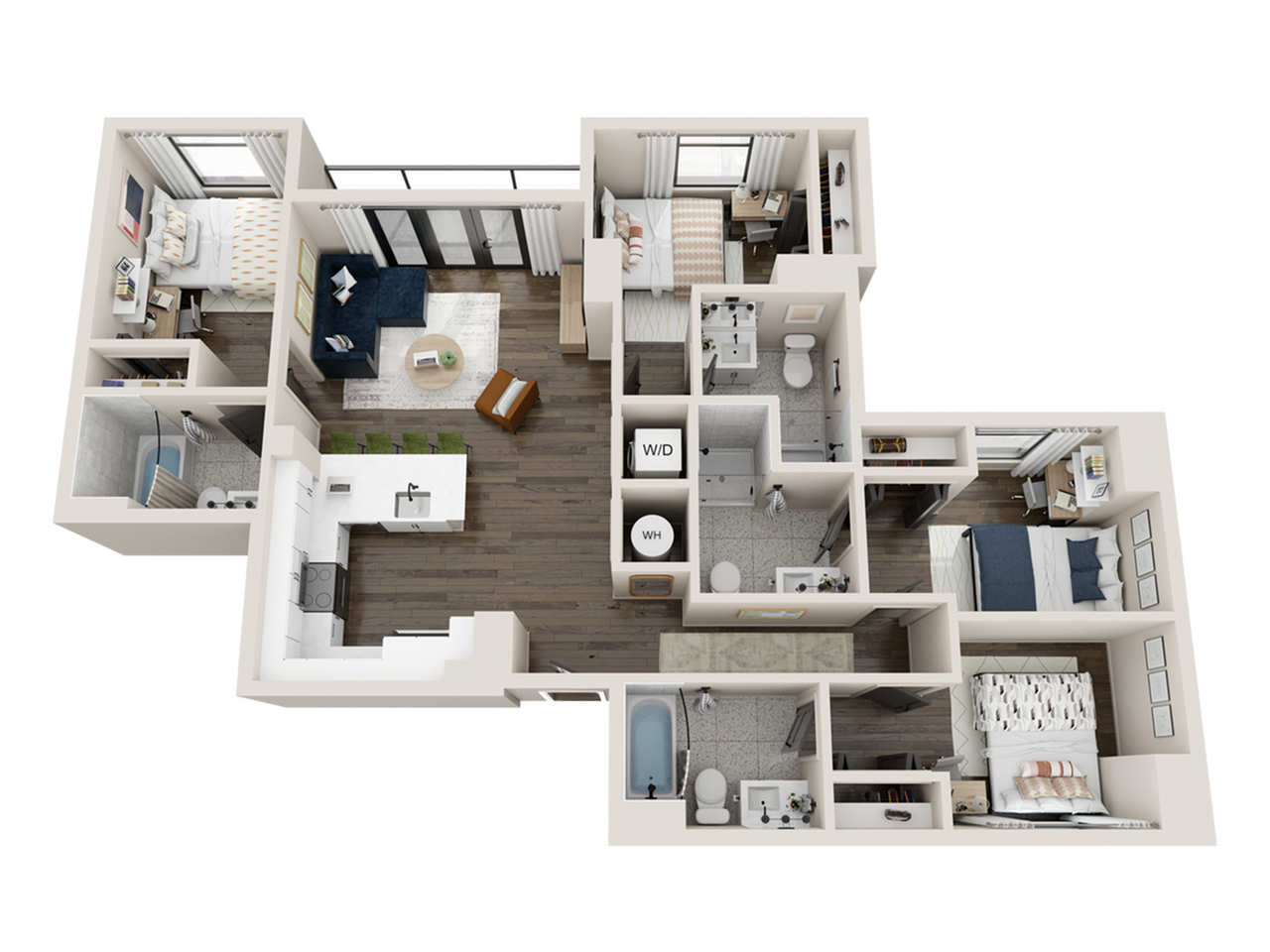 Modern 3D floor plan showcasing three spacious bedrooms, an elegant open-concept living room, sleek kitchen, and two contemporary bathrooms, designed for comfort and style.