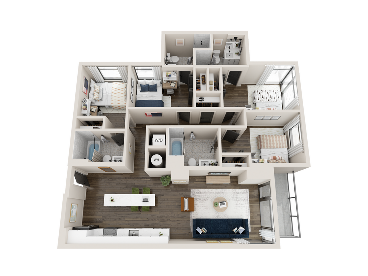 Modern 3D floor plan showcasing 3 bedrooms, 2 bathrooms, a spacious open kitchen with island seating, and a stylish living room with natural light.