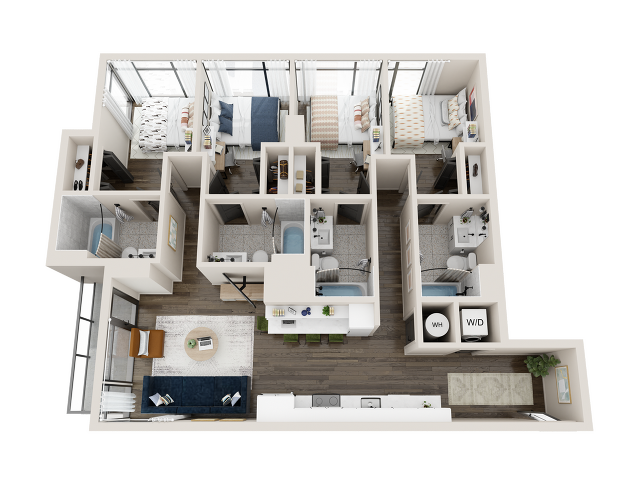 Contemporary 3D floor plan featuring three bedrooms, two bathrooms, a stylish open kitchen, and a cozy living area with natural light.