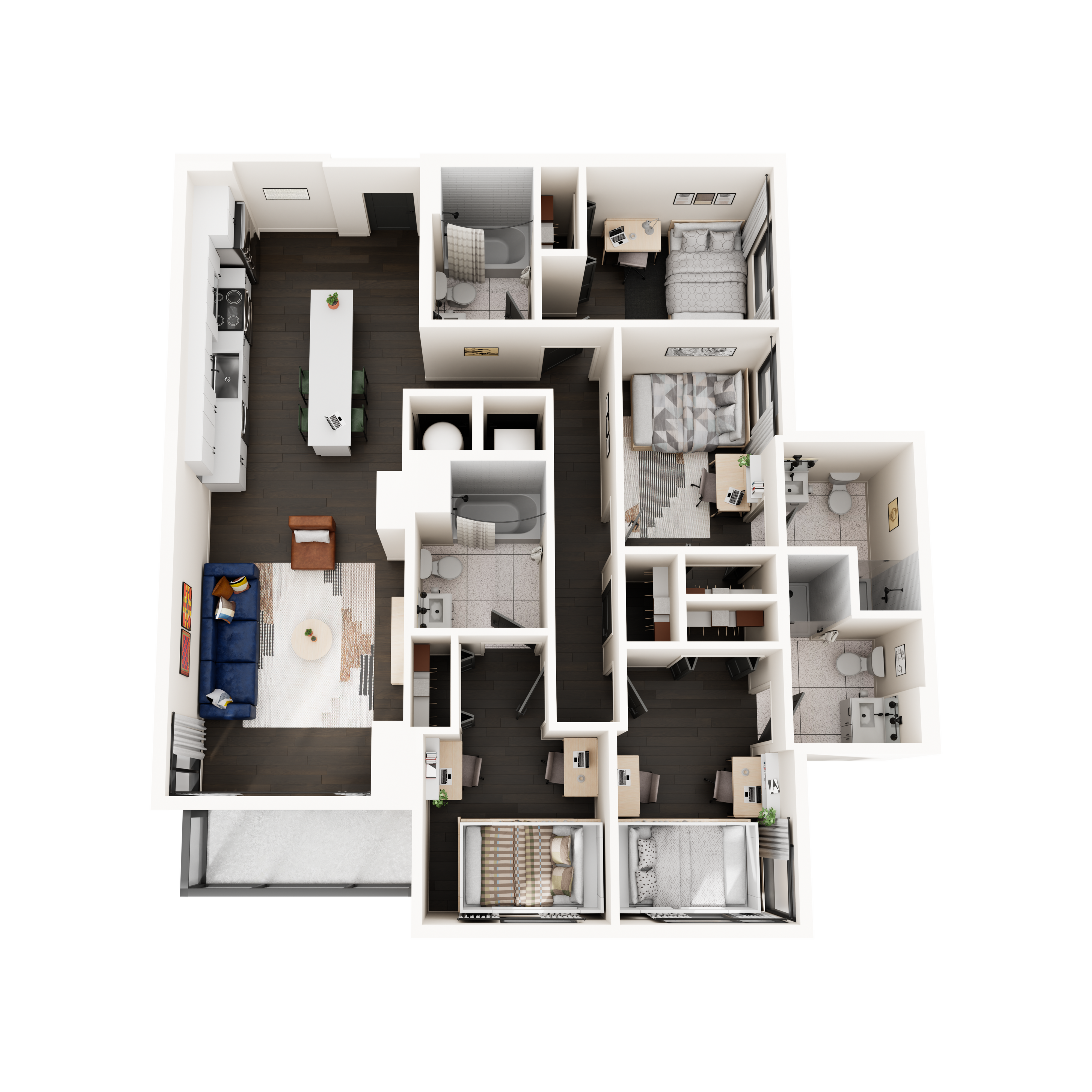 Modern 3D floor plan showcasing 3 bedrooms, elegant open kitchen with island, cozy living area, and 2 stylish bathrooms.