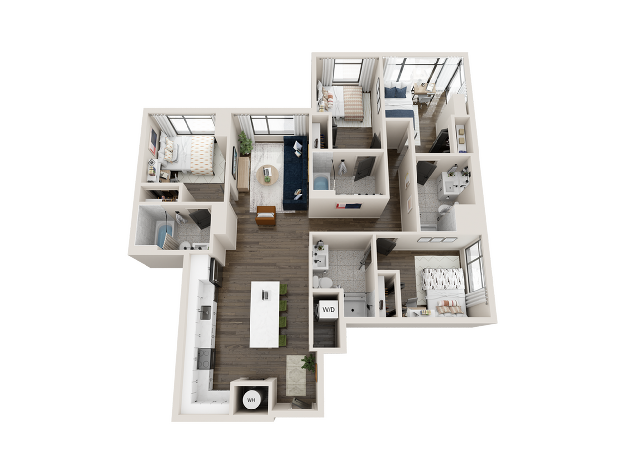 Stylish 3D floor plan showcasing 3 bedrooms, contemporary kitchen, elegant living area, and two bathrooms, ideal for modern living.