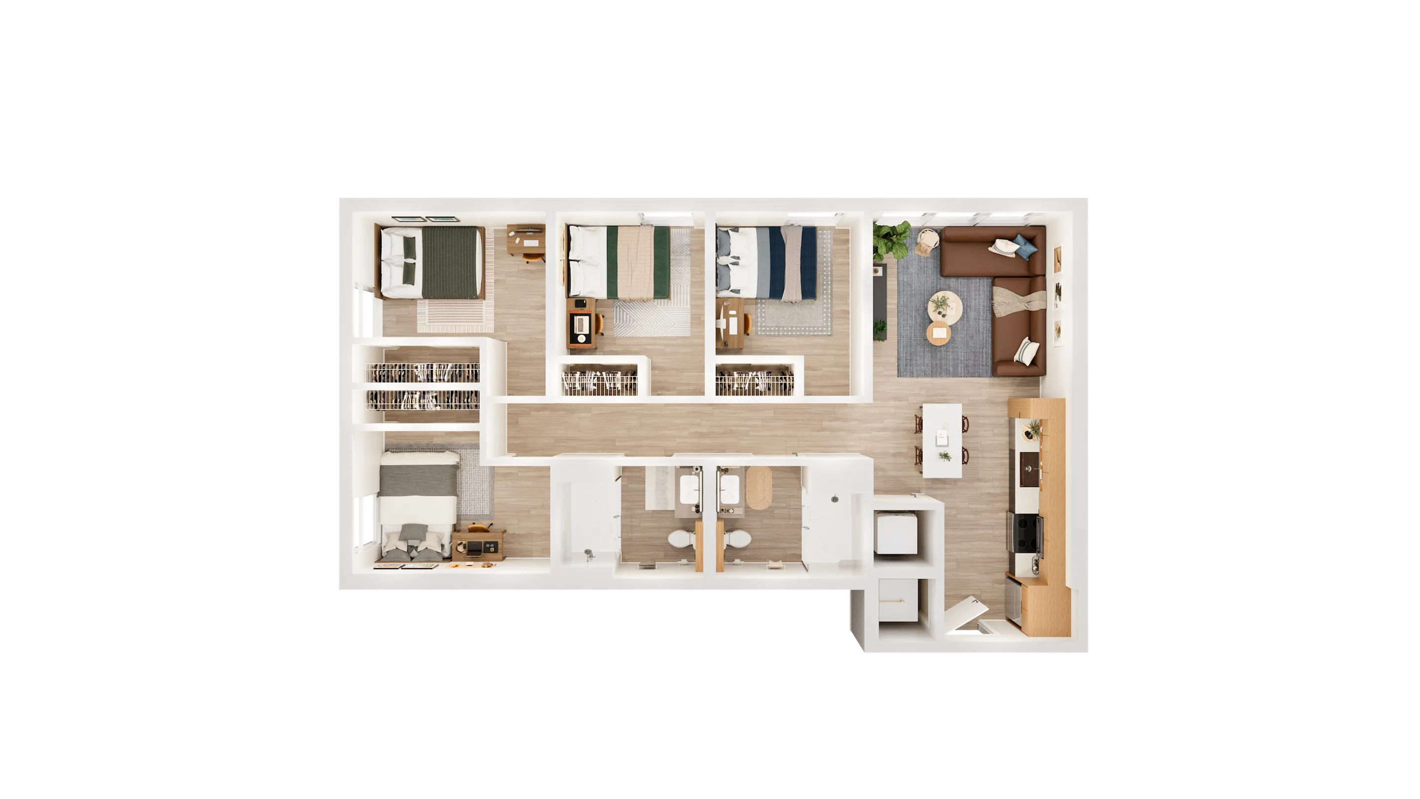 Modern 4-bedroom apartment floor plan featuring a spacious living area and open kitchen layout, perfect for comfortable living.