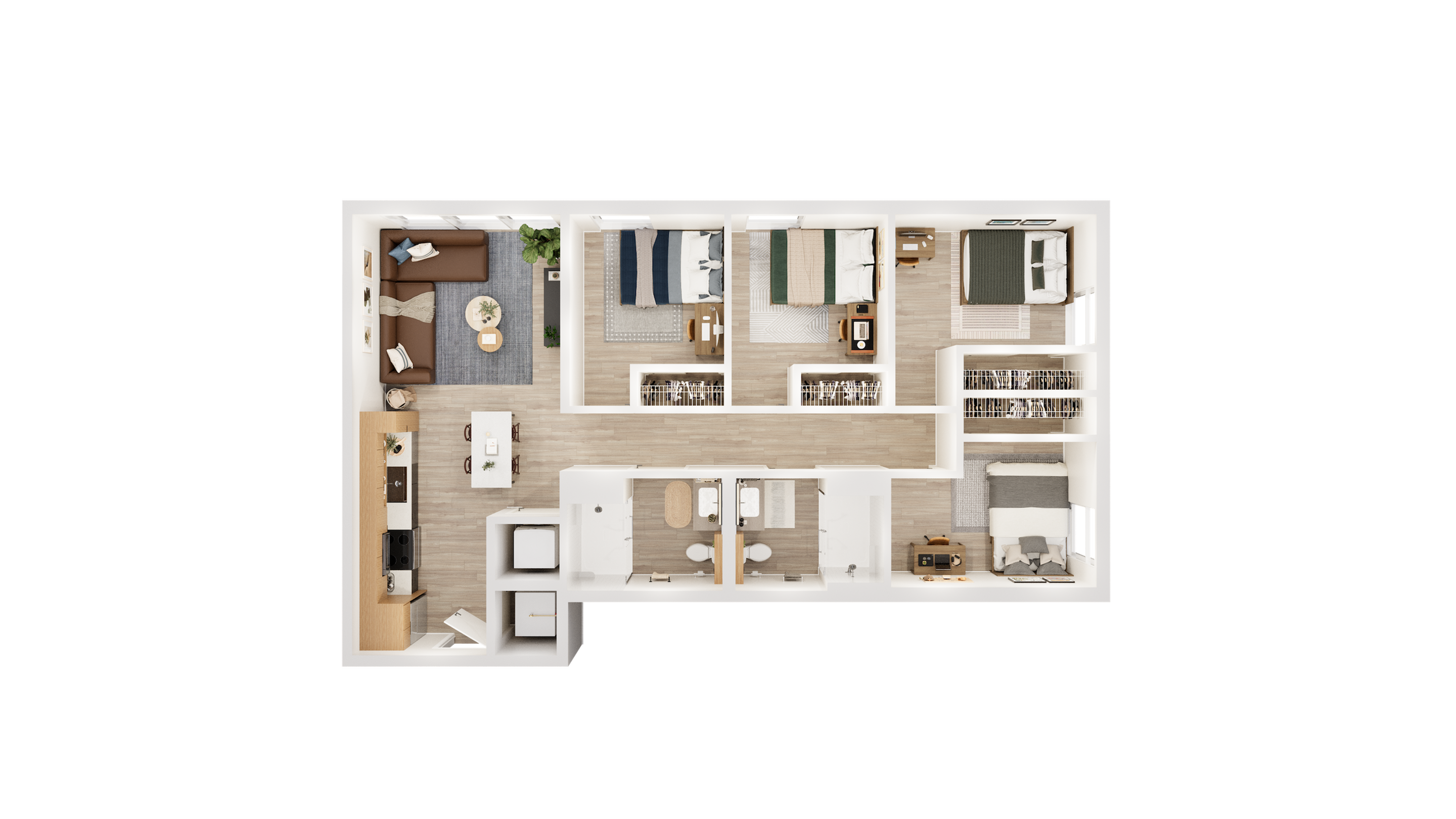 Contemporary 3D floor plan showcasing four cozy bedrooms, a modern kitchen, and a spacious living area.