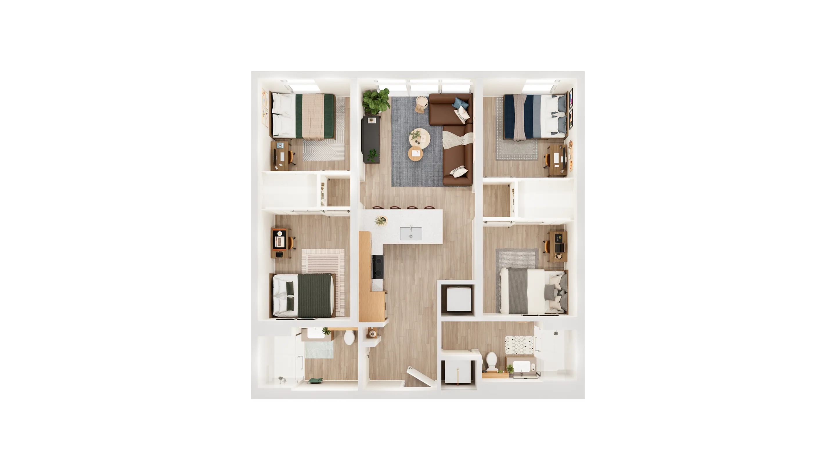 Modern 3D floor plan showcasing 4 bedrooms, a central open-concept kitchen, and a cozy living area, all with elegant hardwood flooring.