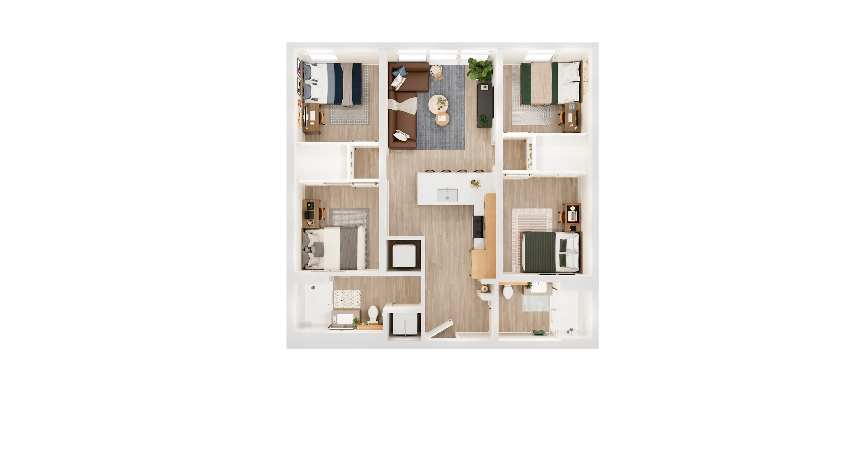 Modern 3D floor plan featuring four cozy bedrooms, a central living area with sleek furniture, and a contemporary kitchen with island seating.