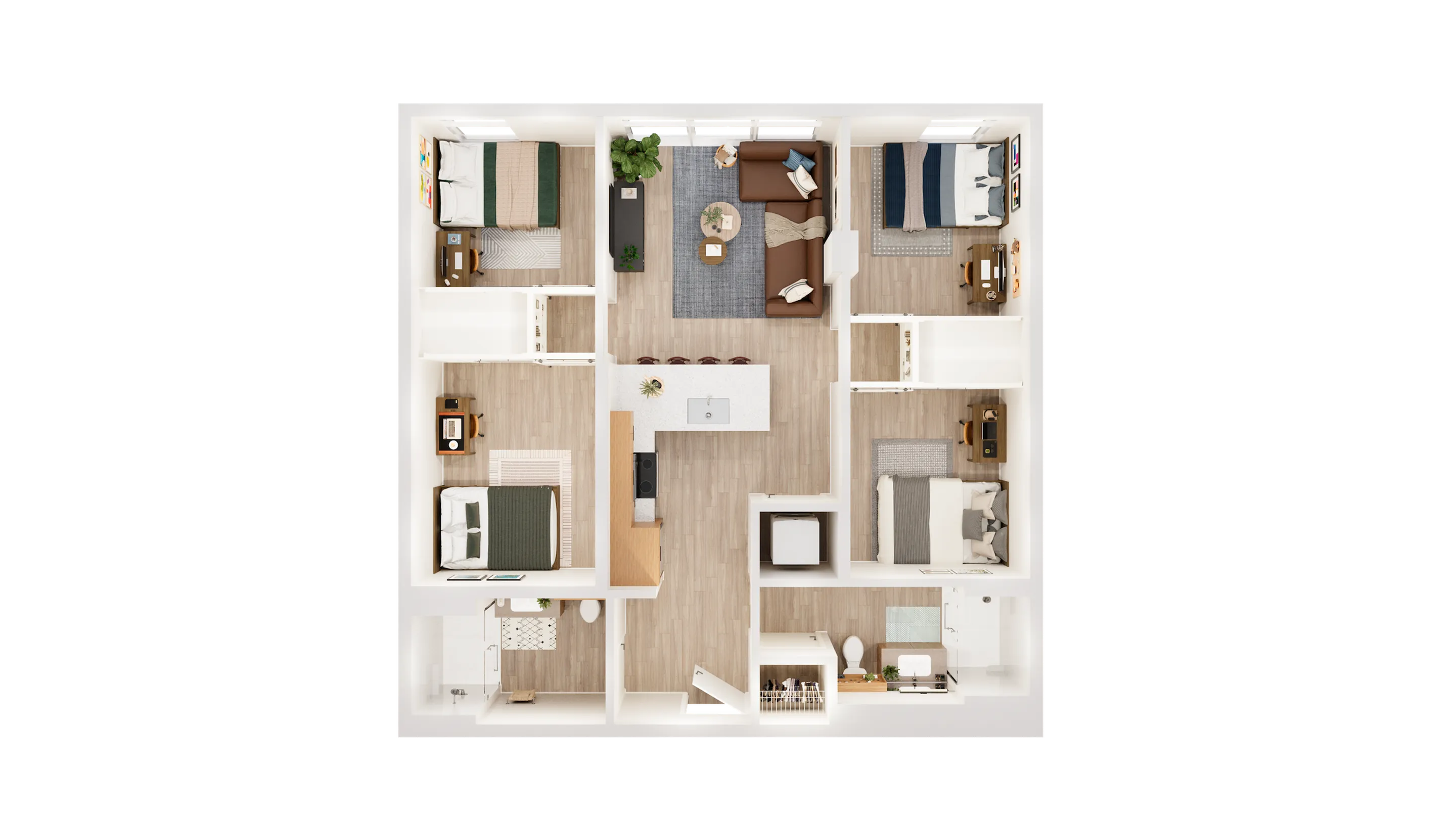 Modern 3D floor plan with four bedrooms, a cozy living room, and an elegant kitchen, perfect for spacious living.
