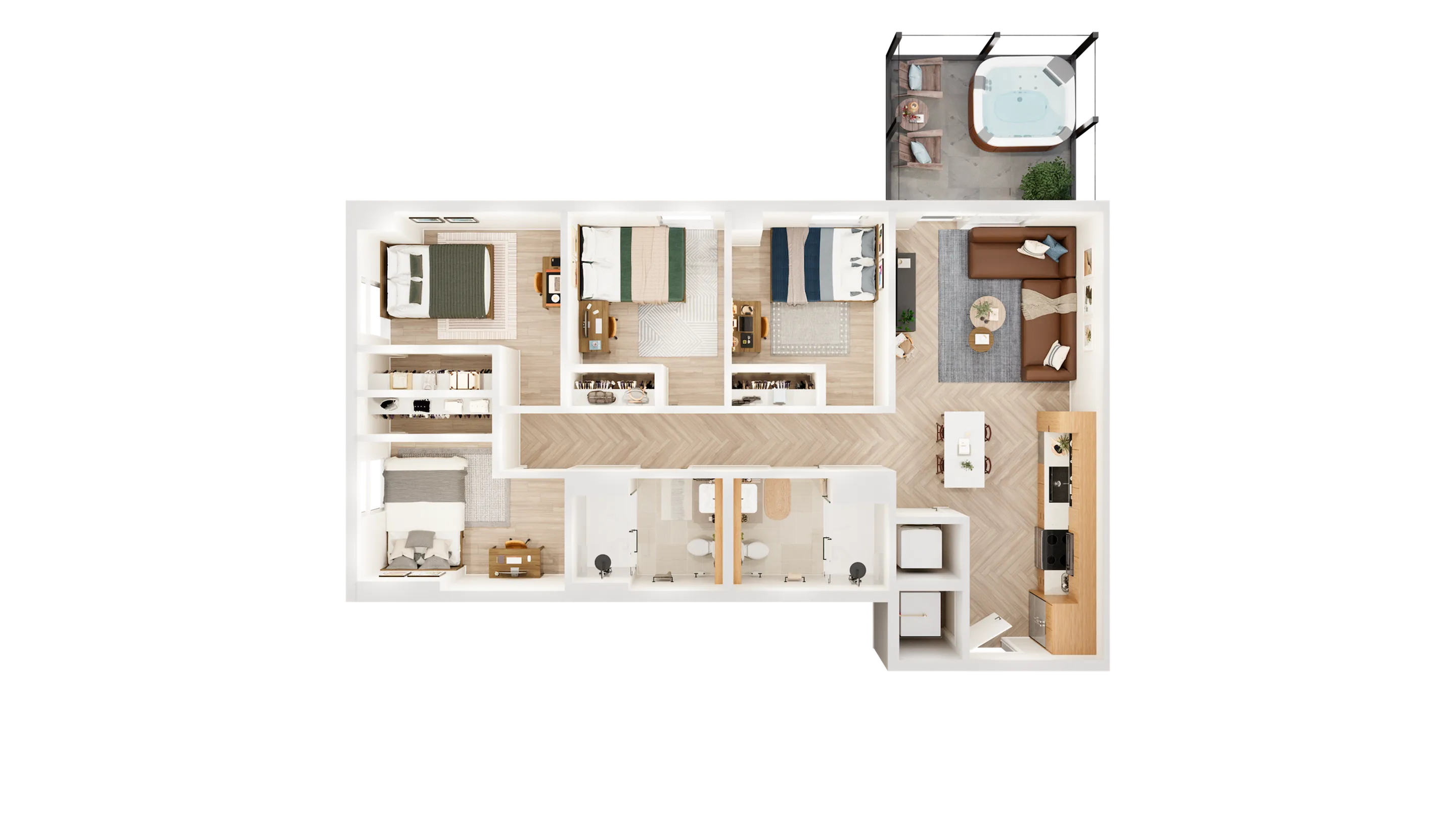 Modern 2D floor plan showcasing 4 bedrooms, a stylish open living area, contemporary kitchen, and a luxurious balcony with jacuzzi.