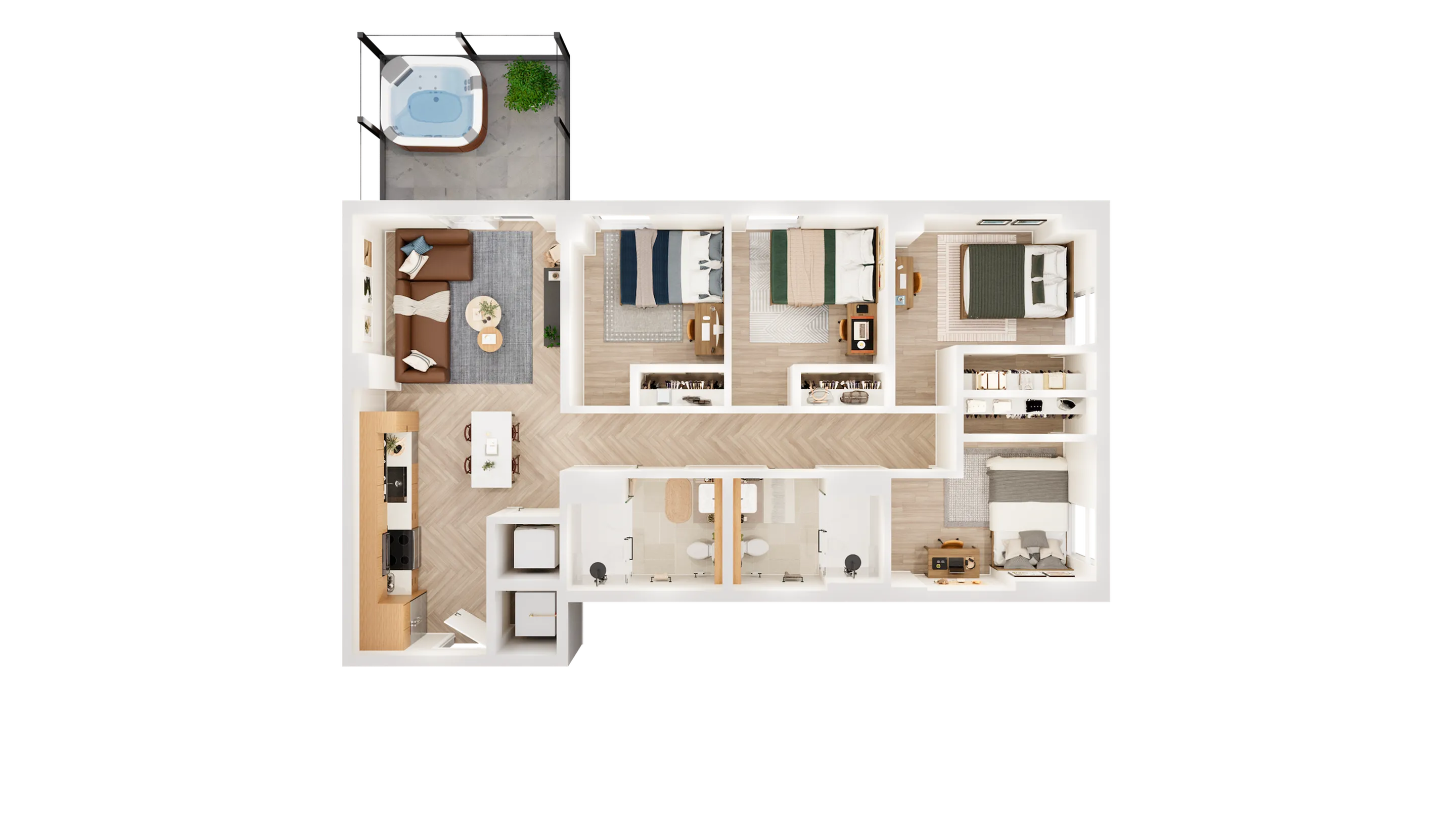 Elegant floor plan showcasing a four-bedroom apartment with spacious living room, open kitchen, modern bathrooms, and a private balcony featuring a hot tub.