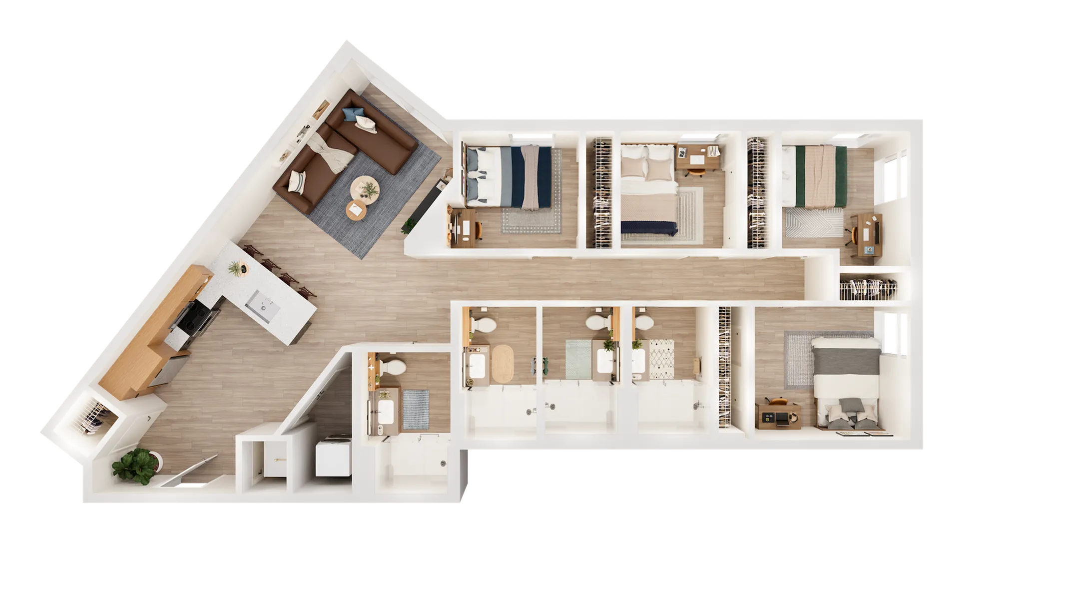 Contemporary 4-bedroom floor plan with an open kitchen, cozy living area, and stylish bathrooms.