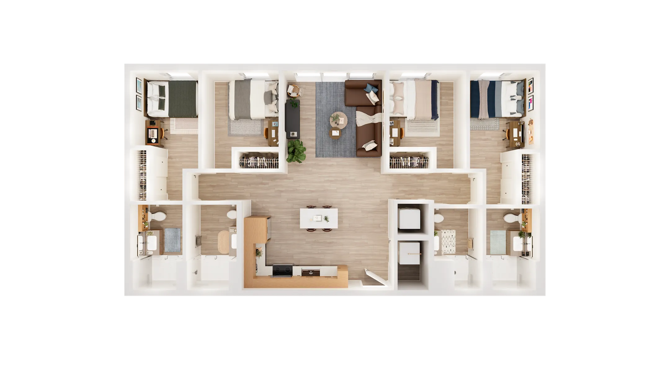 Spacious and modern 4-bedroom apartment floor plan featuring an open living area, stylish kitchen, and four elegant bathrooms.
