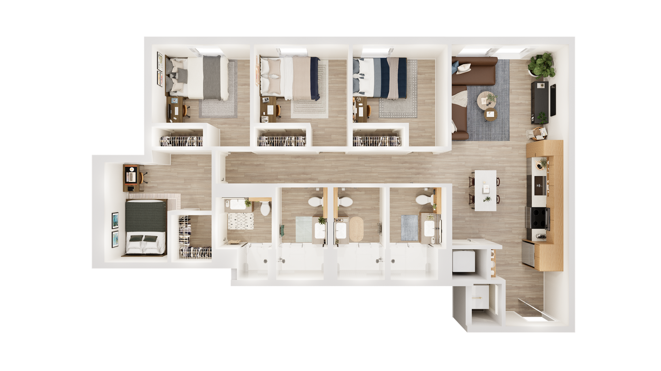 Modern apartment floor plan showcasing 4 bedrooms, a spacious open-plan living room with kitchen, and four stylish bathrooms.