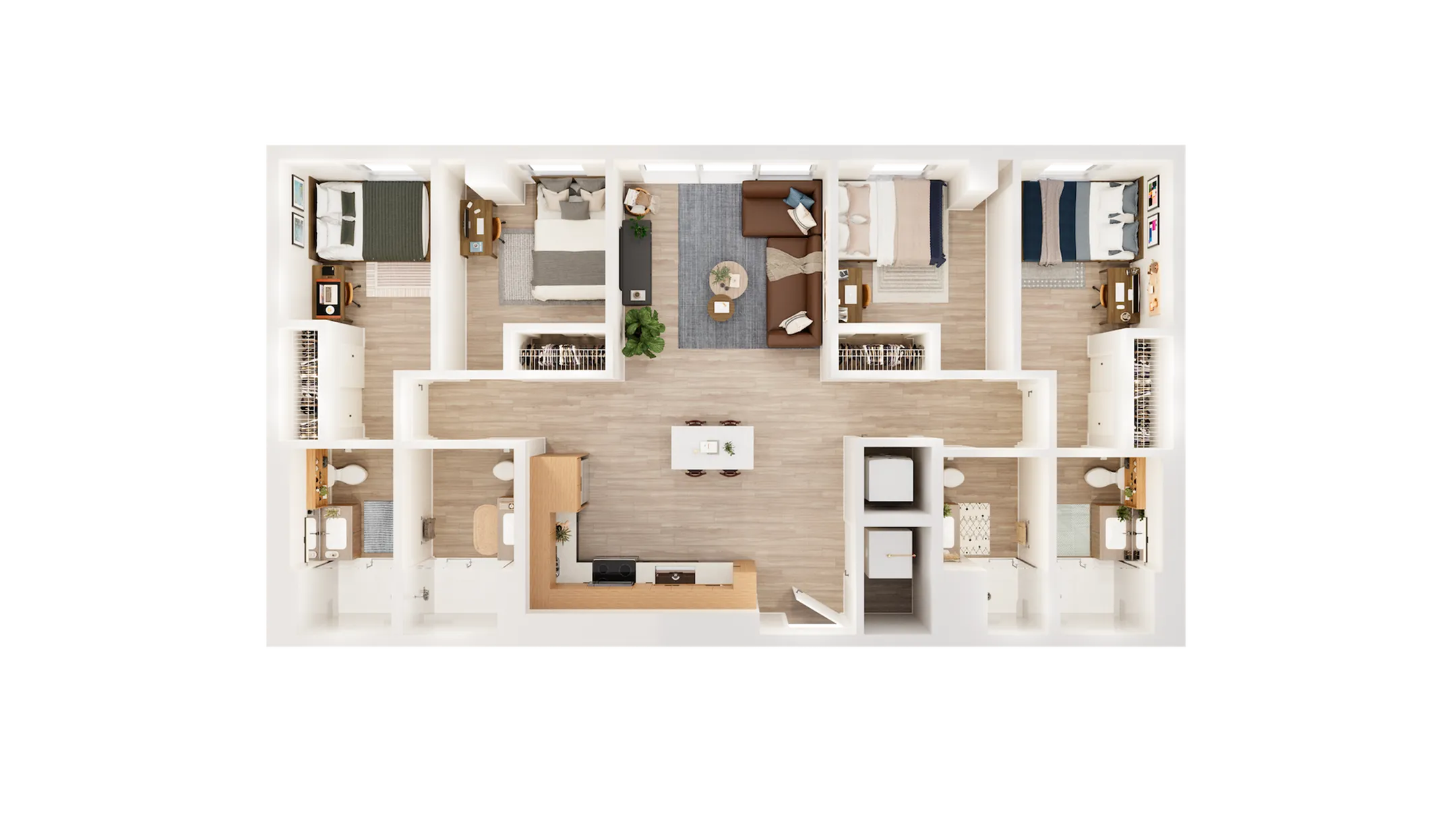 Inviting 3D floor plan showcasing 4 spacious bedrooms, an elegant open living area, and a modern kitchen layout, ideal for contemporary living.
