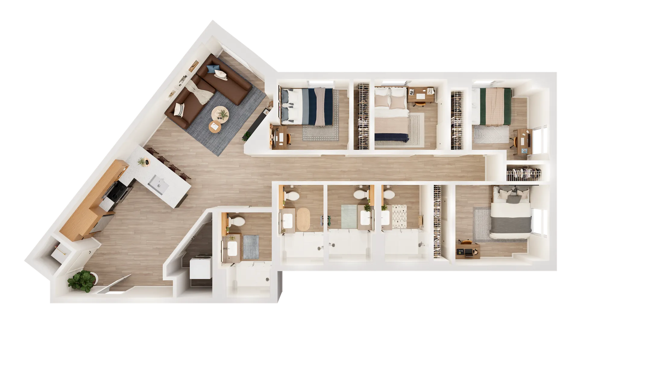 Modern 4-bedroom apartment floor plan with open kitchen, cozy living room, and four bathrooms, designed for comfortable urban living.
