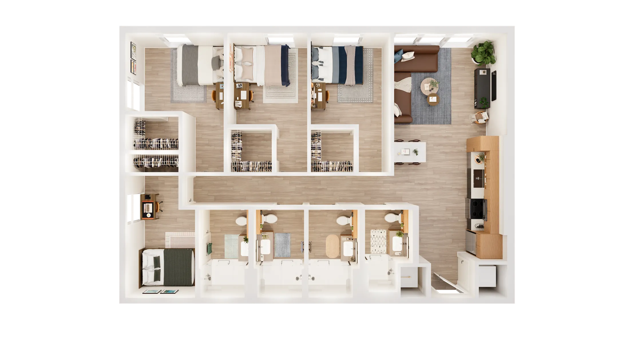 Modern floor plan showcasing 4 bedrooms, 4 bathrooms, a cozy living room, and an open-concept kitchen with a dining area.