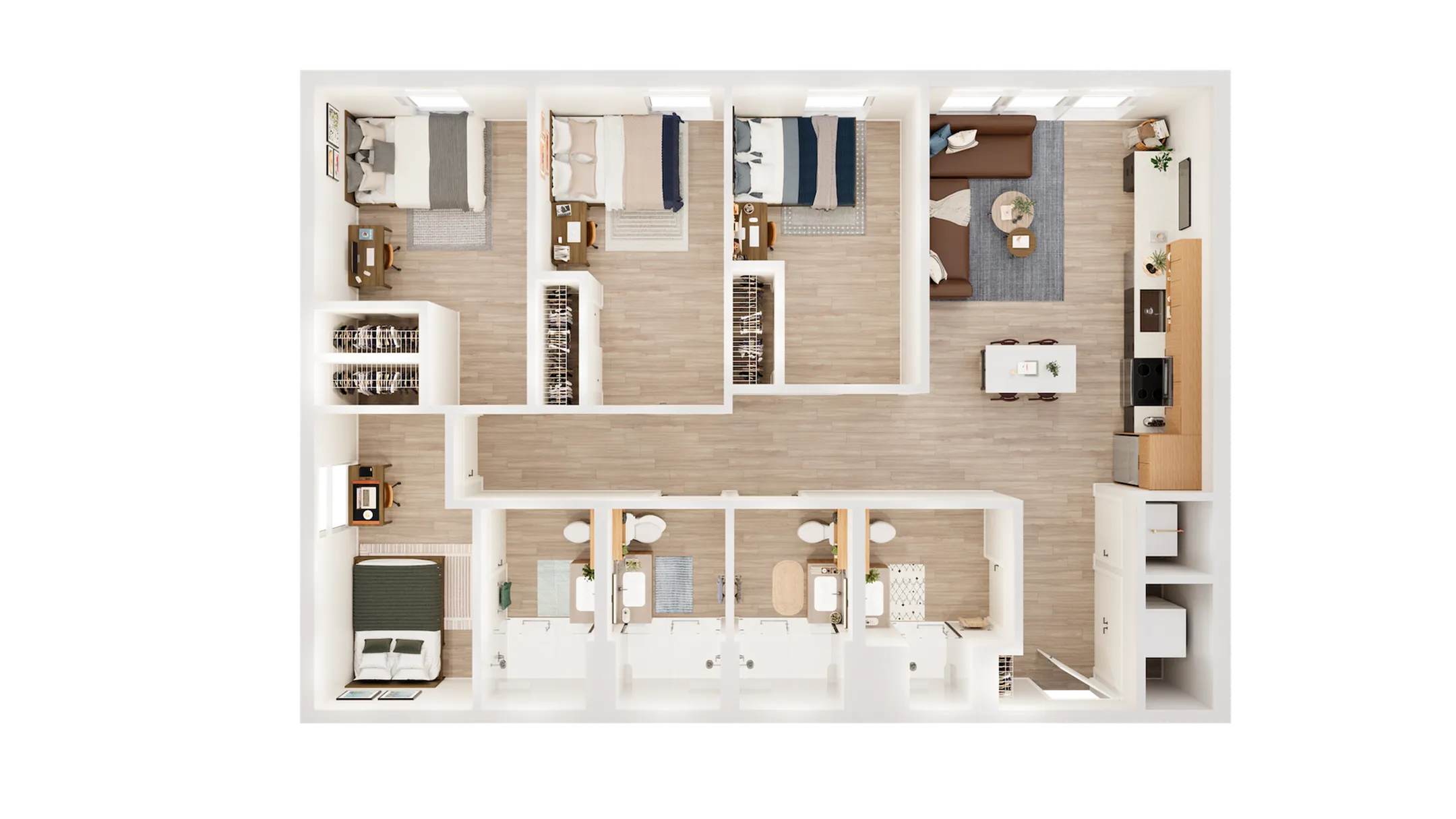 Modern 3D floor plan showcasing a spacious layout with four bedrooms, cozy living area, and a sleek kitchen. Ideal for comfortable family living.