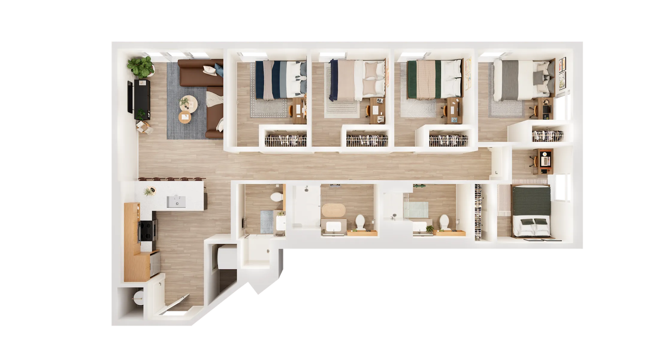 Modern 3D floor plan showcasing 5 bedrooms, spacious open-concept living area, sleek kitchen, and egant bathlerooms, perfect for contemporary family living.