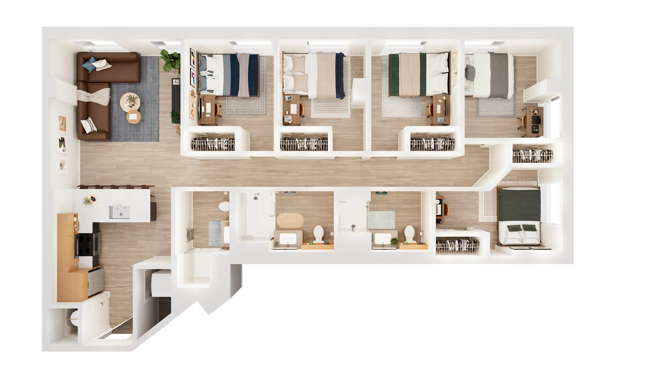 Modern floor plan featuring 5 cozy bedrooms, stylish open-concept living area, and sleek kitchen design with island seating.