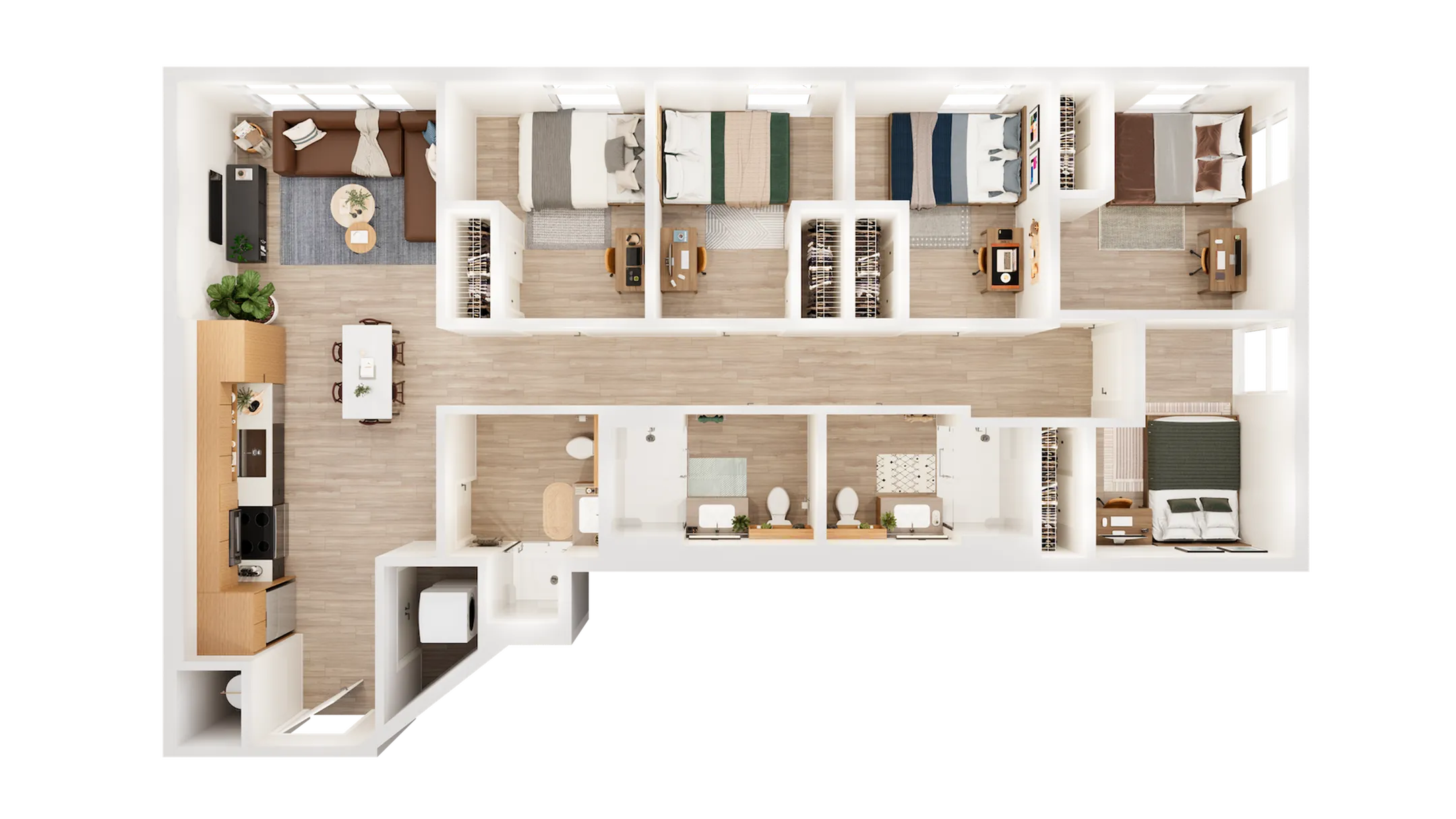 Modern apartment floor plan showcasing 5 spacious bedrooms, elegant living area, well-equipped kitchen, and 3 bathrooms with stylish fixtures.