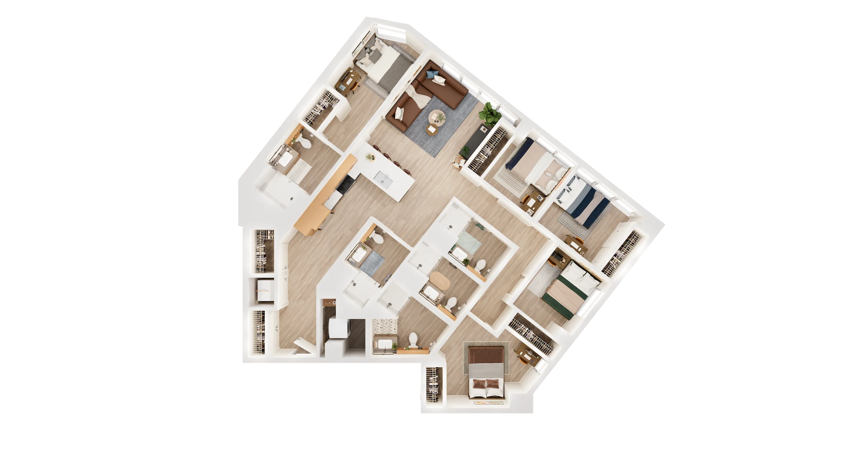 Contemporary 3D floor plan showcasing five bedrooms, an airy open-concept living space, and a sleek modern kitchen with ample natural light.