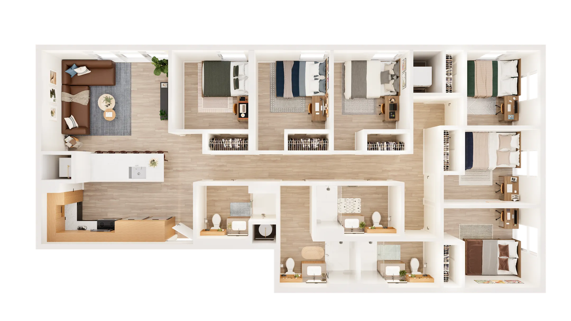 Modern floor plan showcasing an expansive layout with 6 bedrooms, an elegant living room, a sleek open kitchen, and multiple bathrooms designed for luxury living.