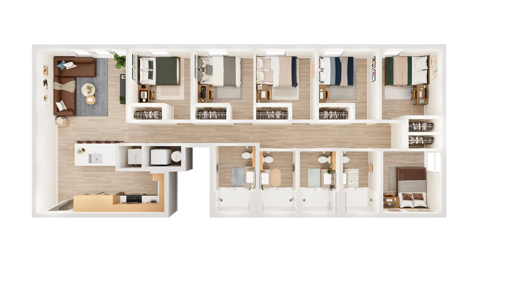 Modern 3D floor plan featuring a spacious living room, open kitchen, and six cozy bedrooms.