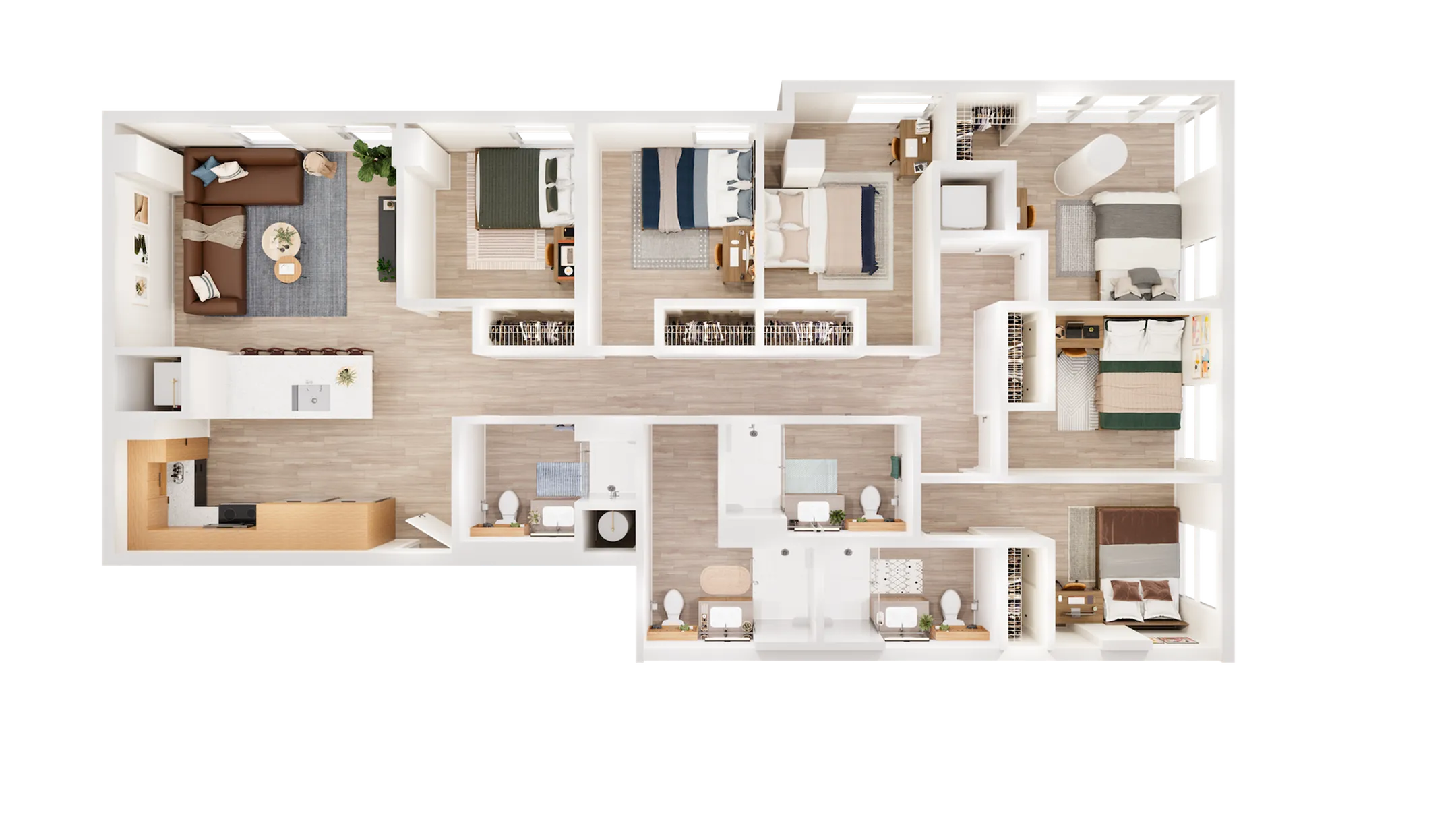 Chic and modern 6-bedroom apartment layout featuring an open-concept living room and kitchen, stylish bathrooms, and ample storage space.