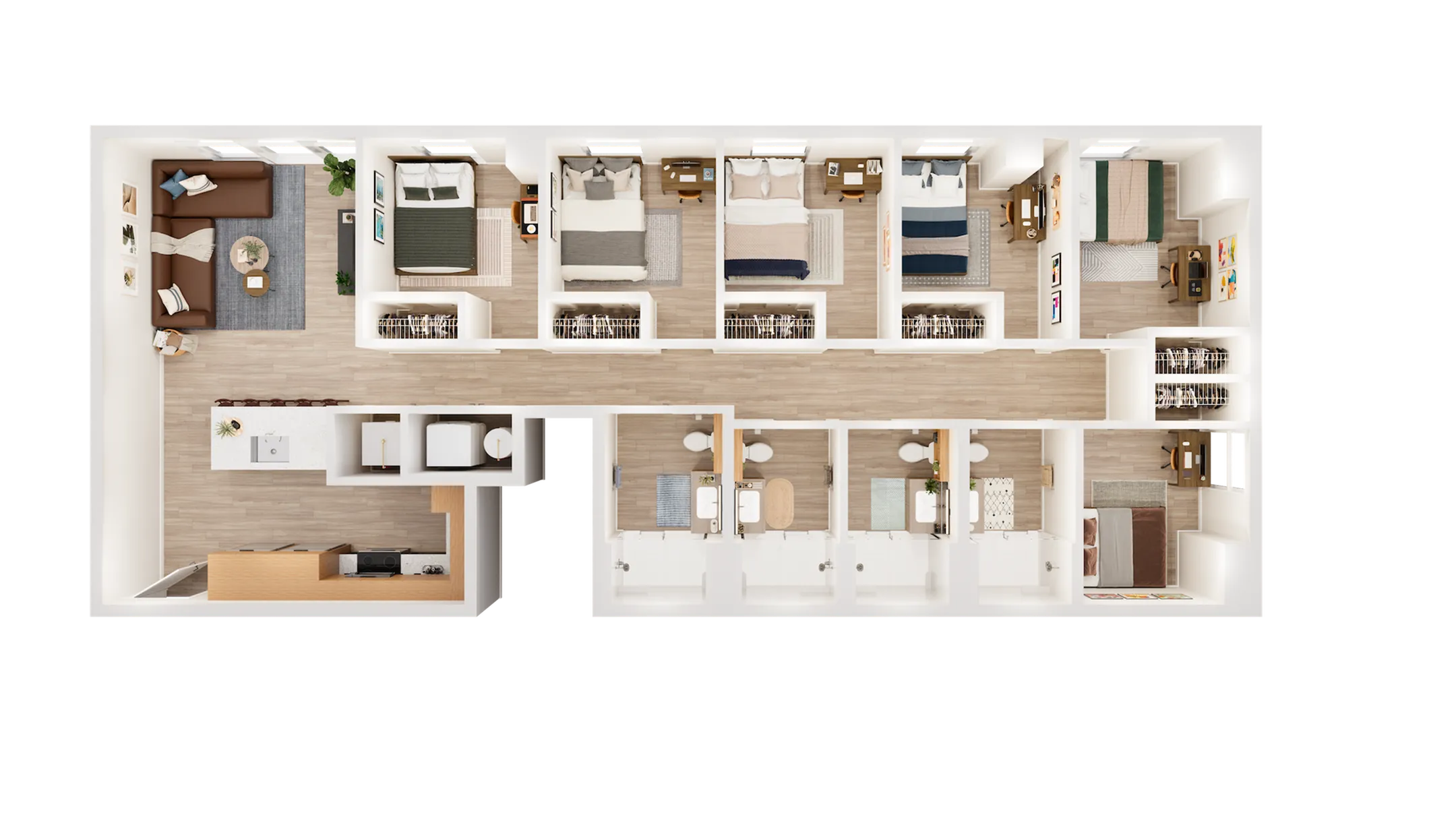 Elegant 3D floor plan showcasing six bedrooms, a modern kitchen, spacious living area, and sleek bathrooms.