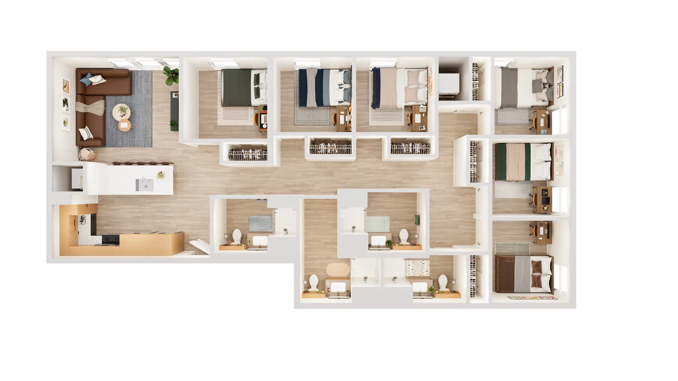 Contemporary floor plan featuring 6 bedrooms, a spacious living room, modern kitchen, and multiple bathrooms.