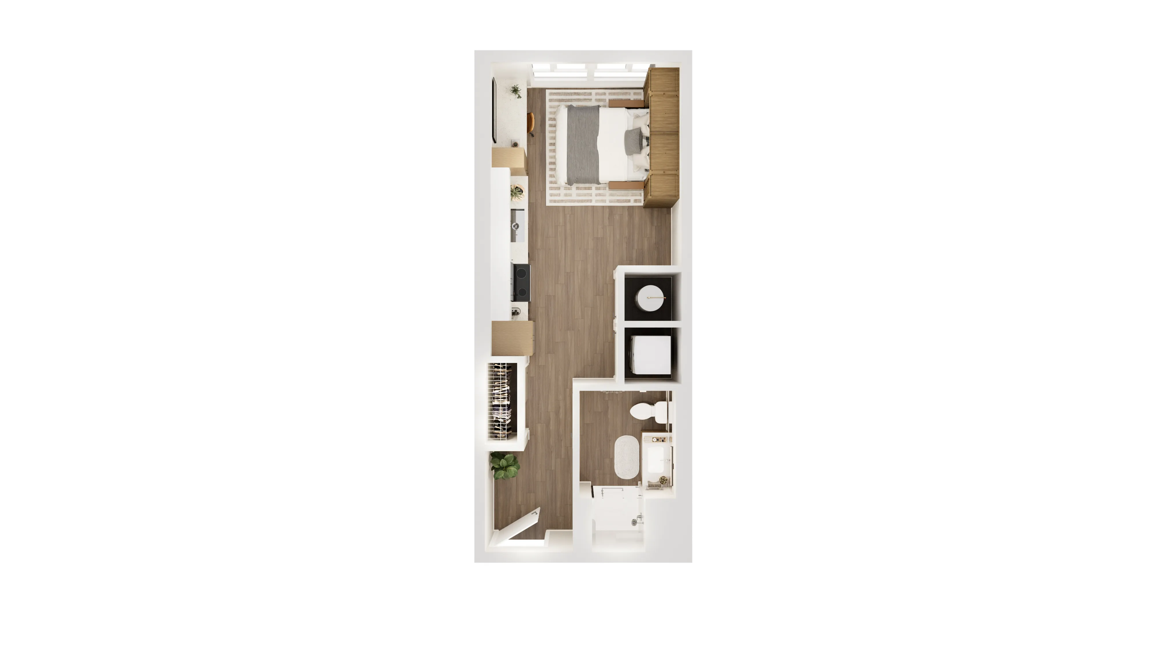 Chic and efficient floor plan highlighting a cozy bedroom, sleek bathroom, modern kitchen, and open living space with elegant wood flooring.