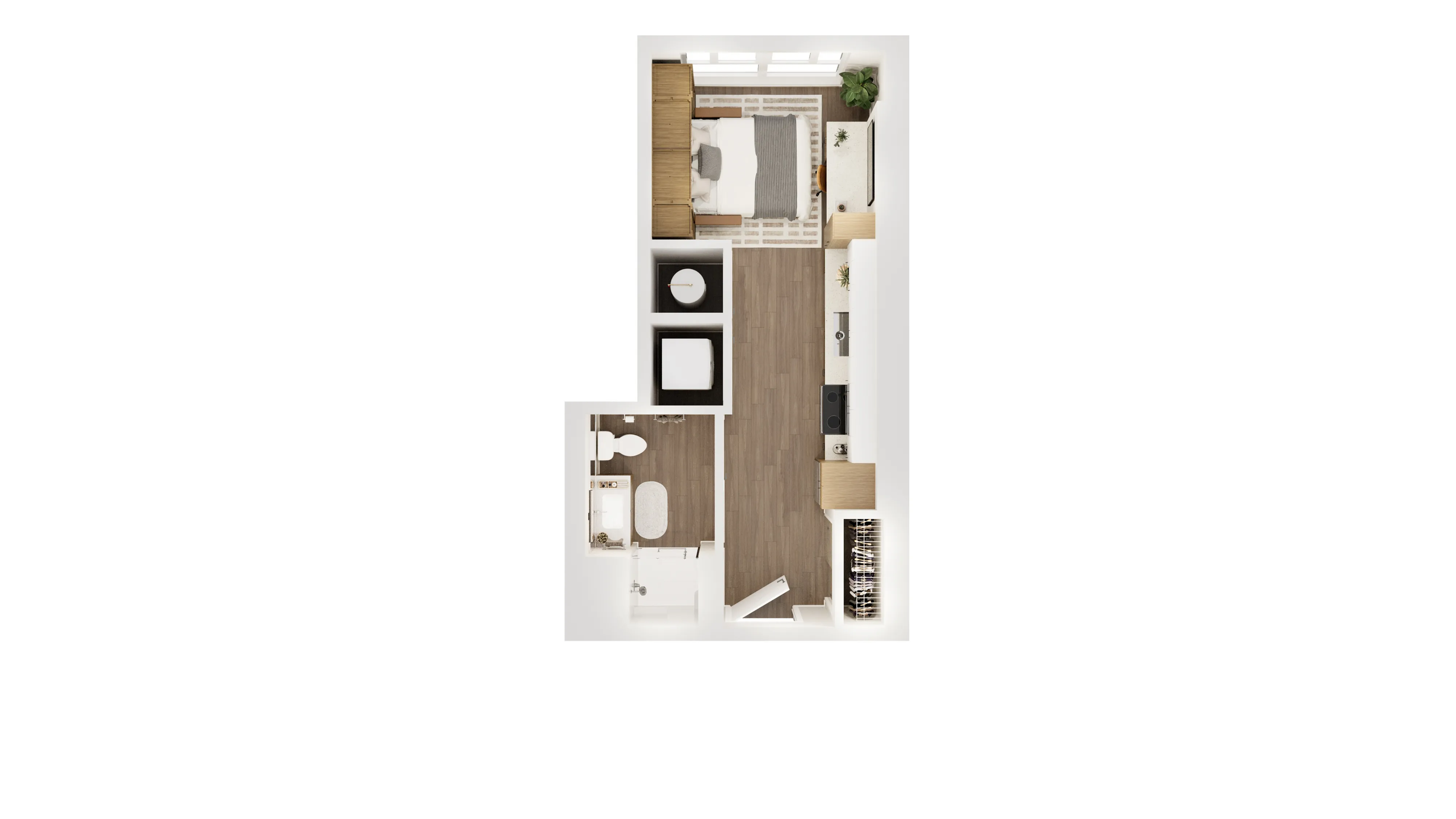 Modern and spacious 1-bedroom apartment floor plan with stylish open kitchen, cozy living area, and elegant bathroom.