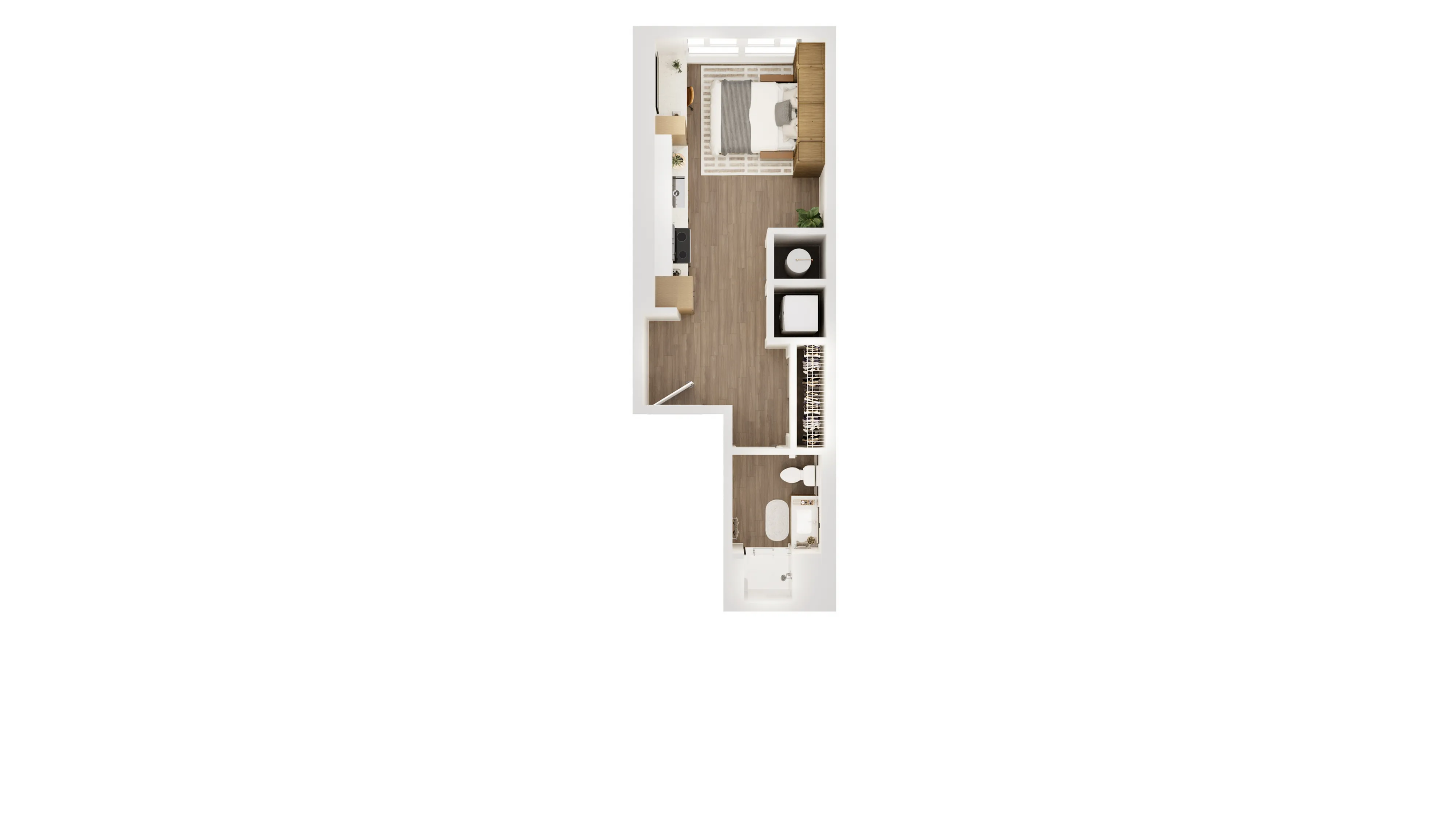 Contemporary 1-bedroom apartment floor plan with an open kitchen, cozy living area, and stylish bathroom.