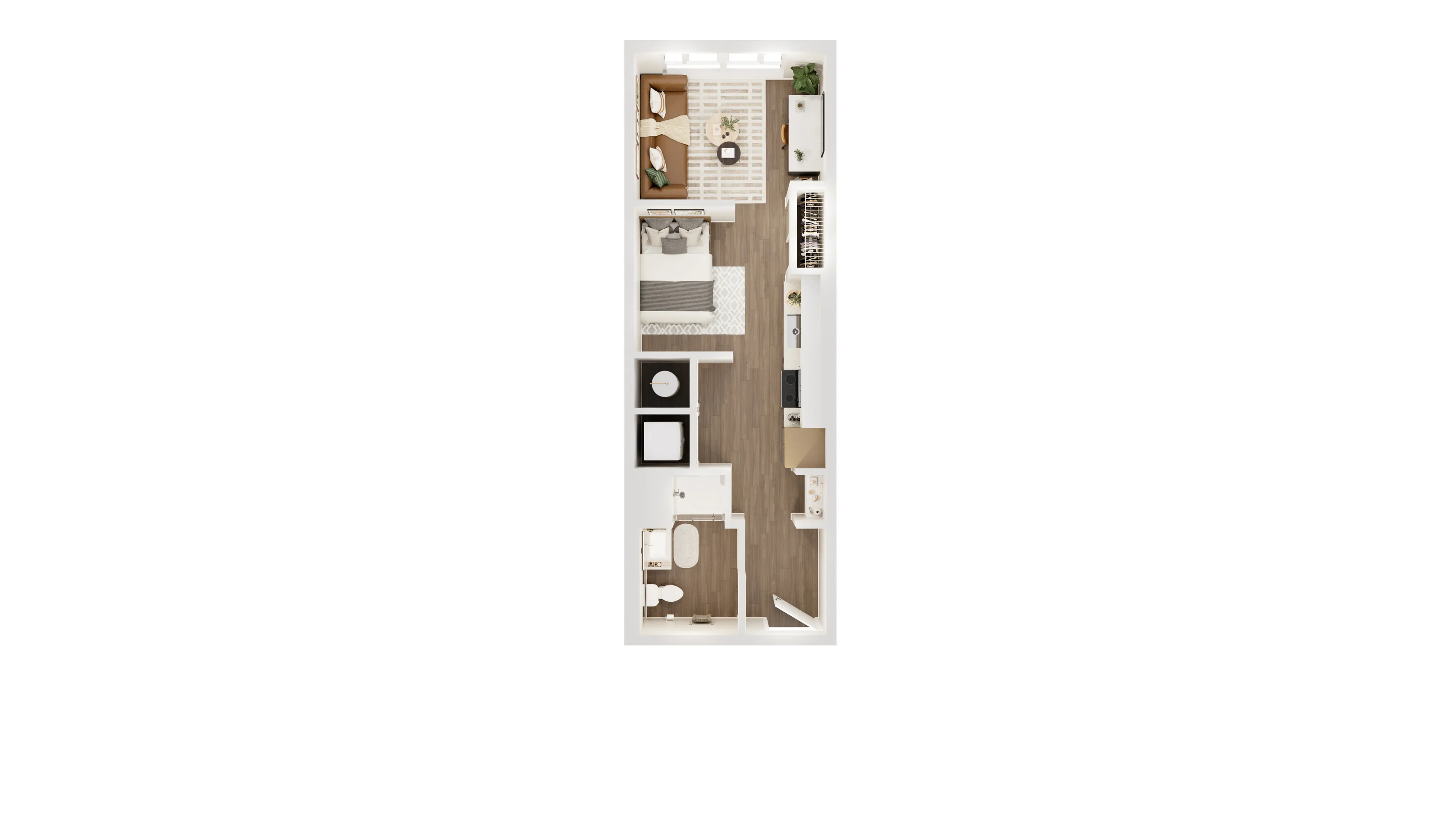 Modern floor plan showcasing a 1-bedroom apartment with cozy living room, sleek kitchen, and elegant bathroom.