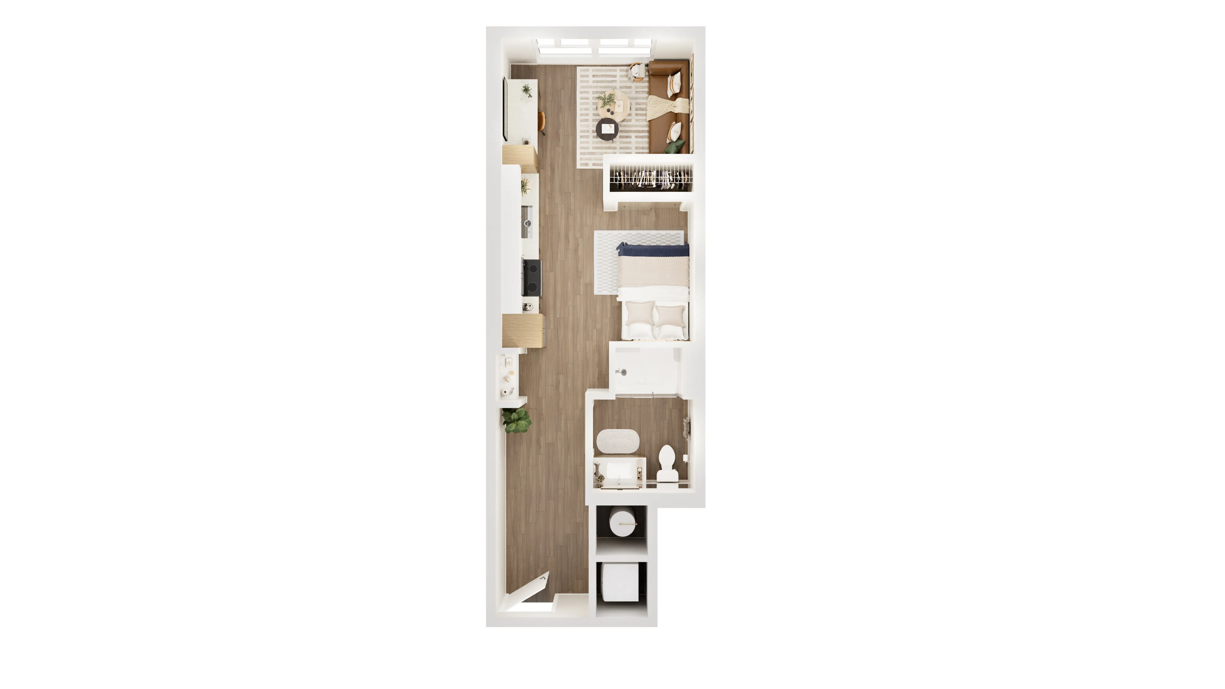 Modern studio floor plan featuring an open living area with a cozy bedroom space, sleek kitchen, and elegant bathroom, showcasing efficient use of space with stylish design.
