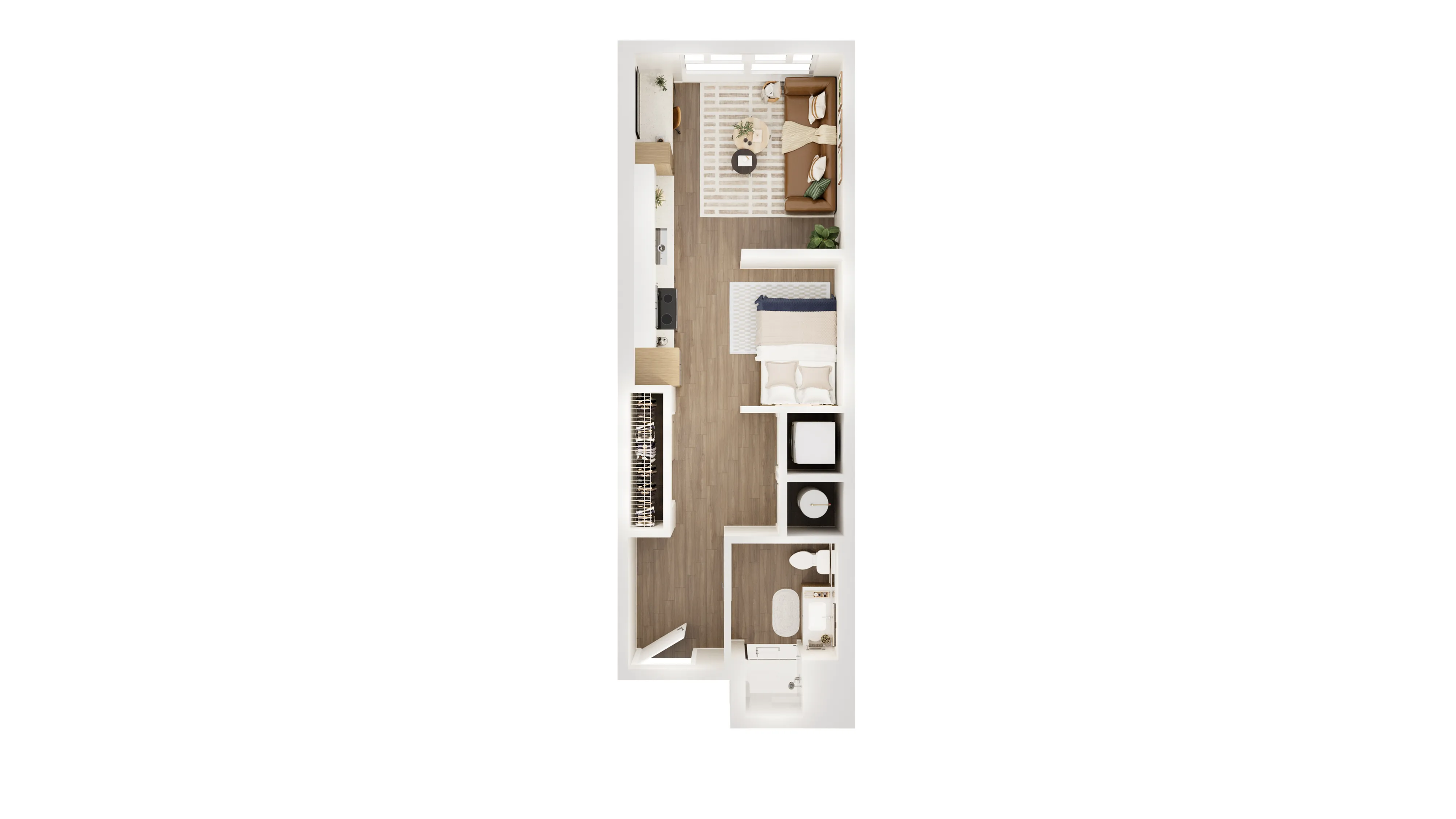 Chic 1-bedroom apartment floor plan featuring an open living space, modern kitchen, and elegant bathroom layout.