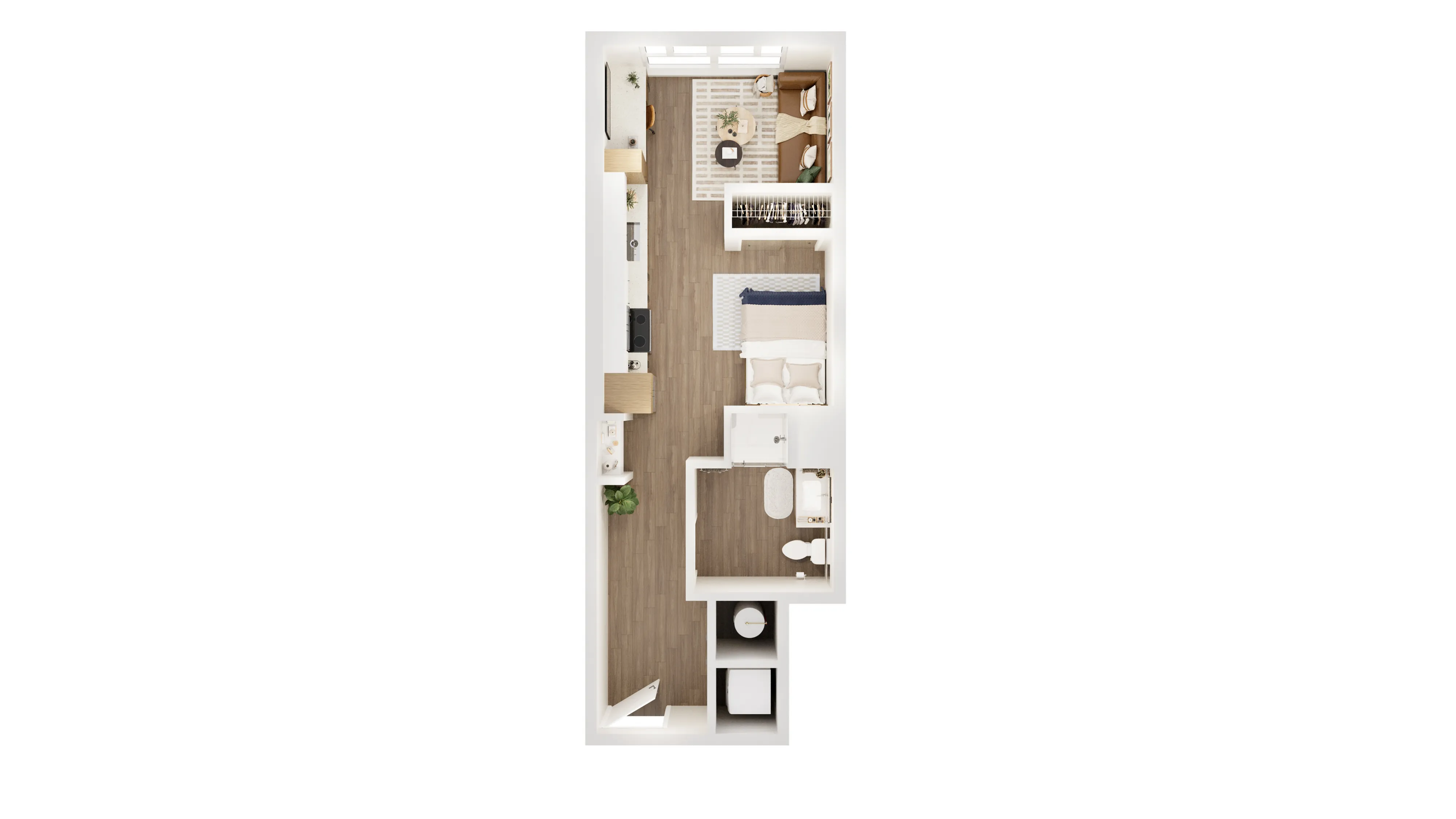 Chic studio apartment floor plan with cozy bed area, modern kitchen, and stylish living space.