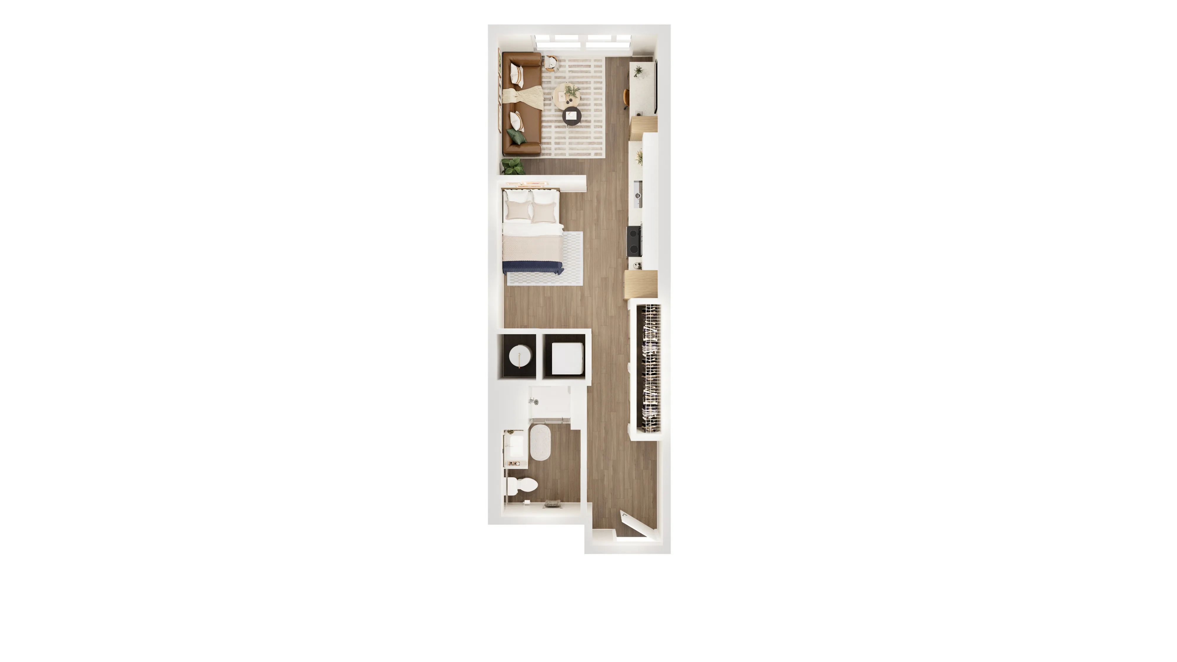 Modern 2D floor plan showcasing a single bedroom apartment with open-concept living and kitchen area, cozy living room, and sleek bathroom.