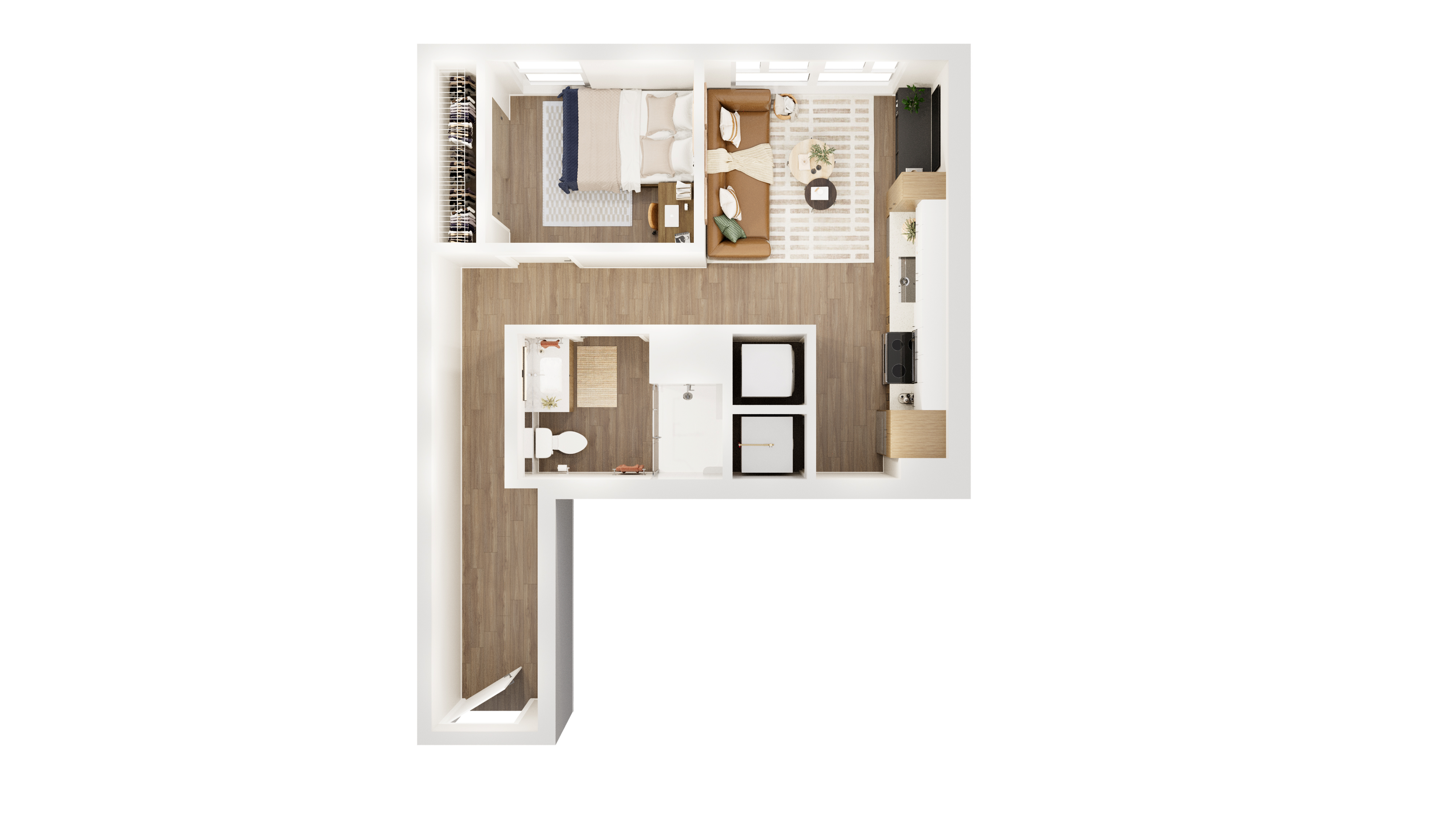 Modern floor plan featuring a spacious bedroom, cozy open-concept living area, and sleek kitchen with natural lighting.