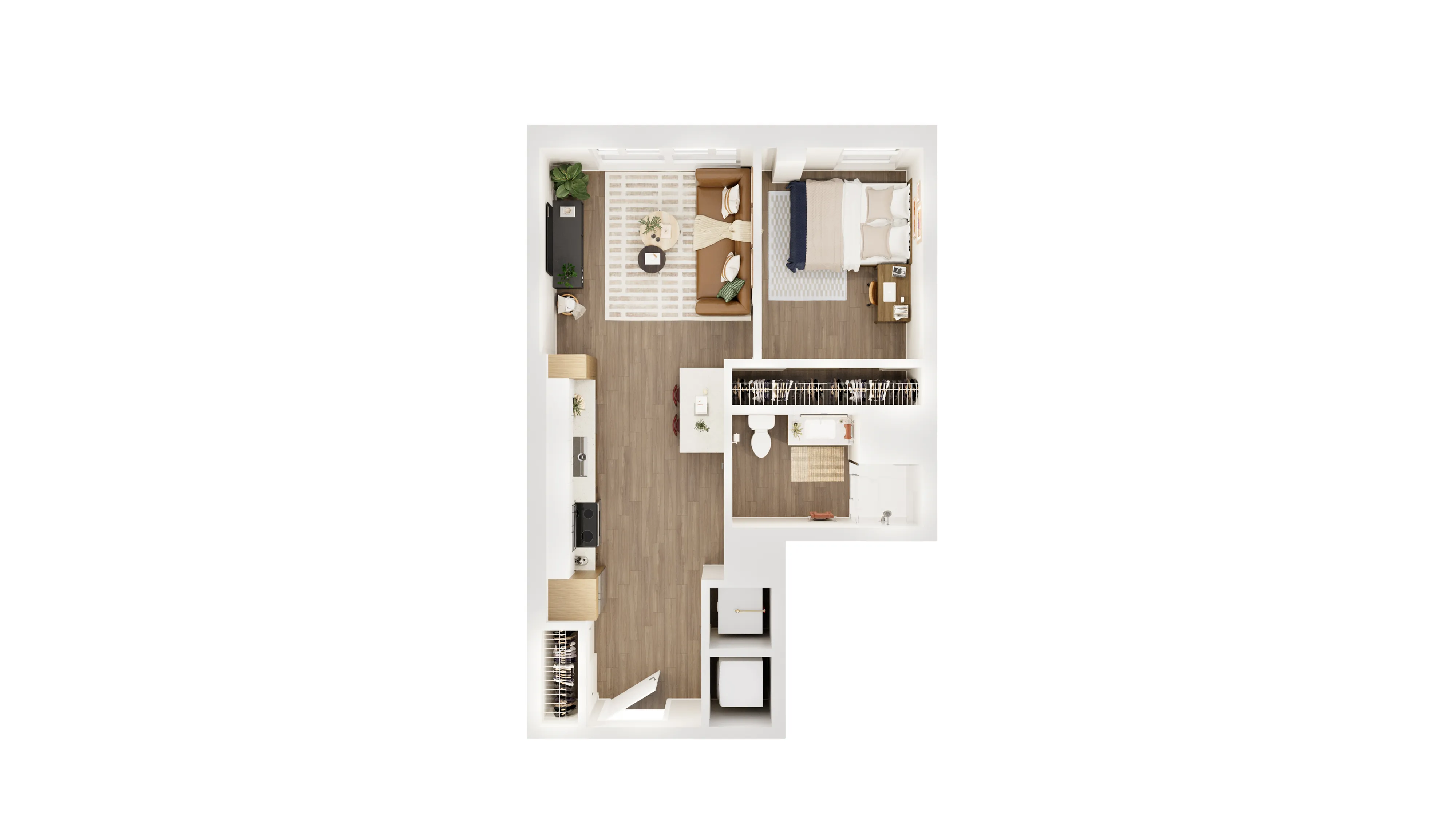 Contemporary L-shaped floor plan showcasing an inviting living room, cozy bedroom, sleek kitchen, and a modern bathroom.