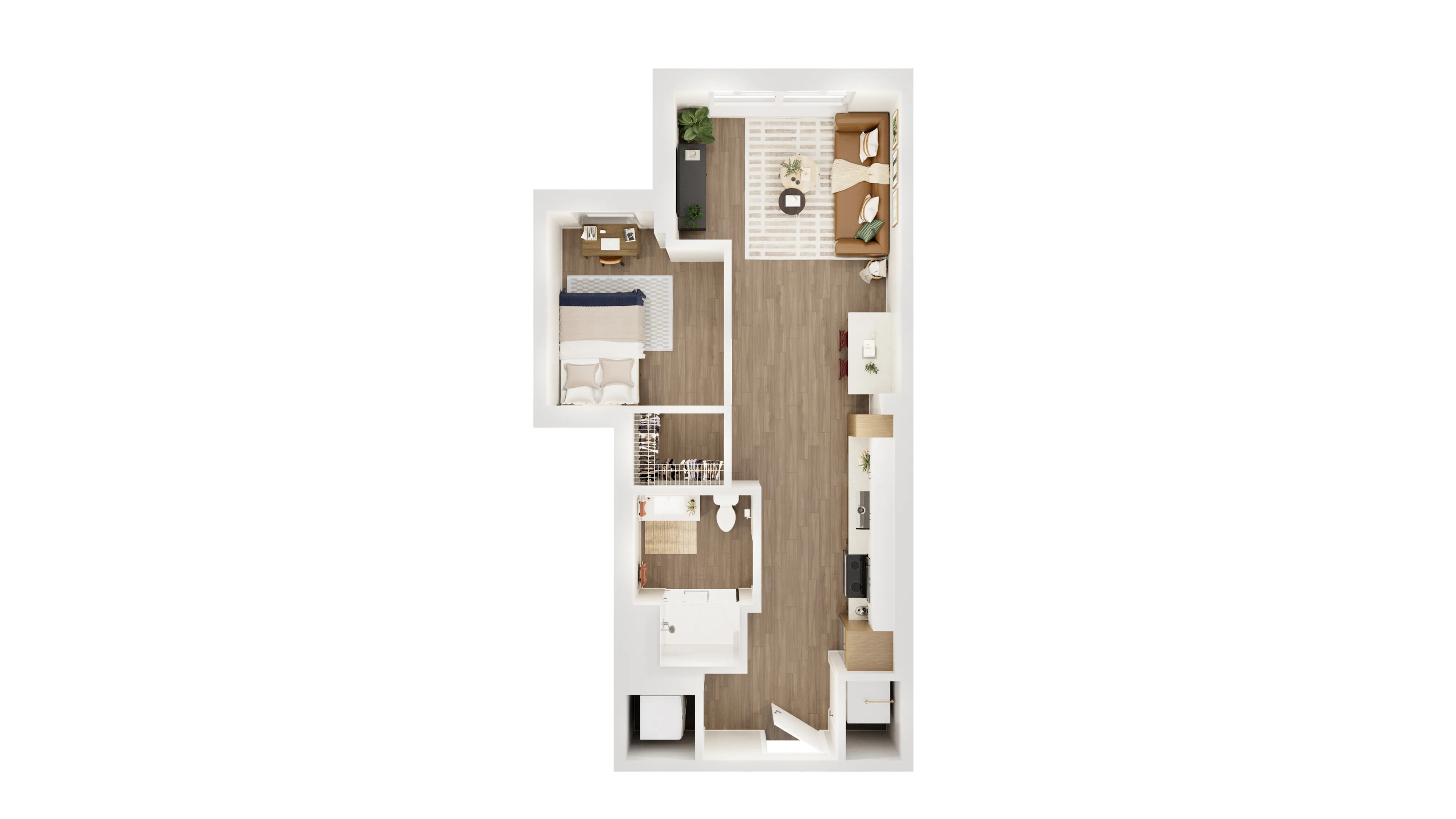 Modern floor plan showcasing a cozy one-bedroom apartment with an open living area, stylish kitchen, and chic bathroom layout.