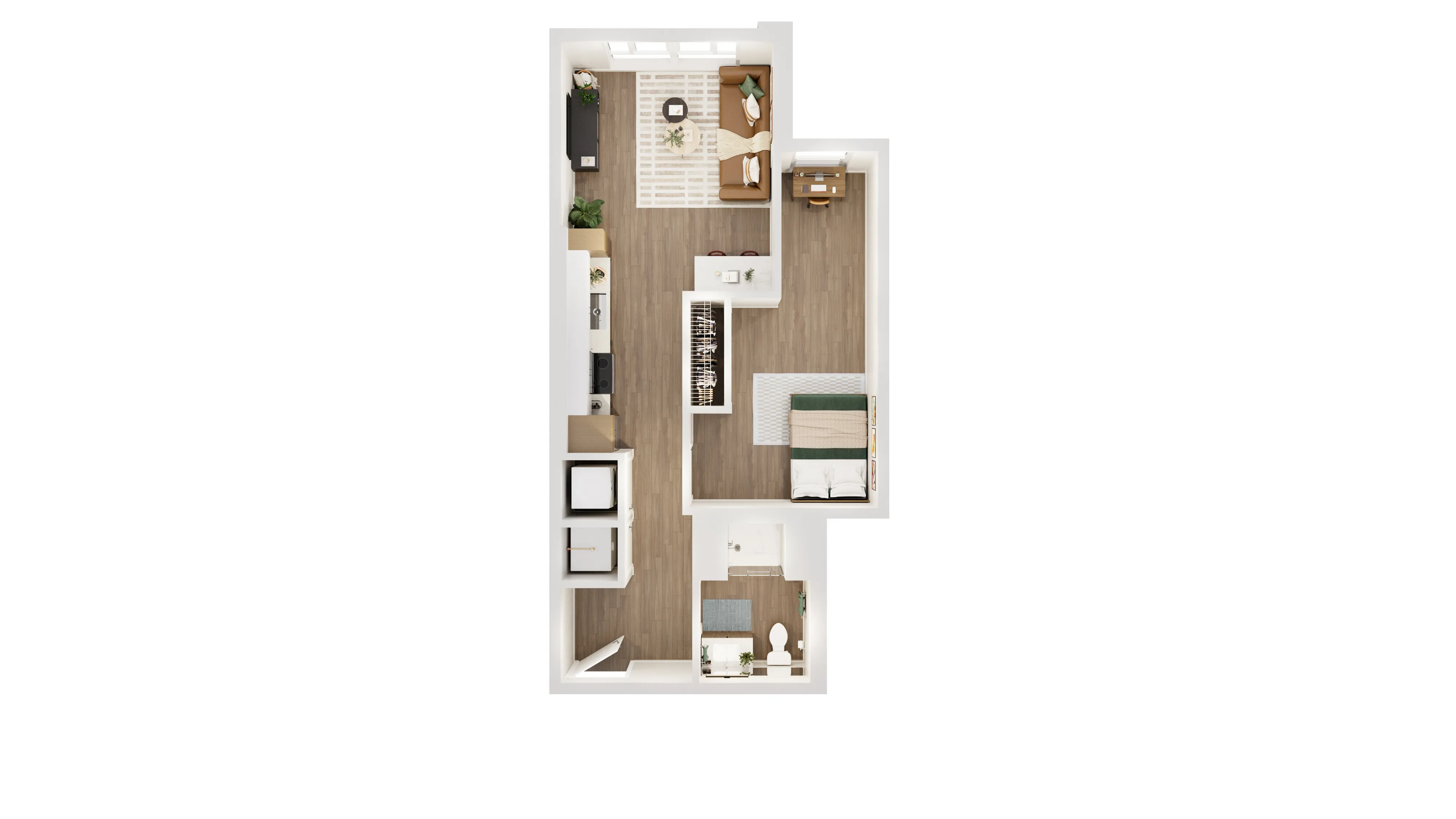 Elegant floor plan showcasing a cozy apartment with one bedroom, inviting living area, modern kitchen, and stylish bathroom, perfect for comfortable living.