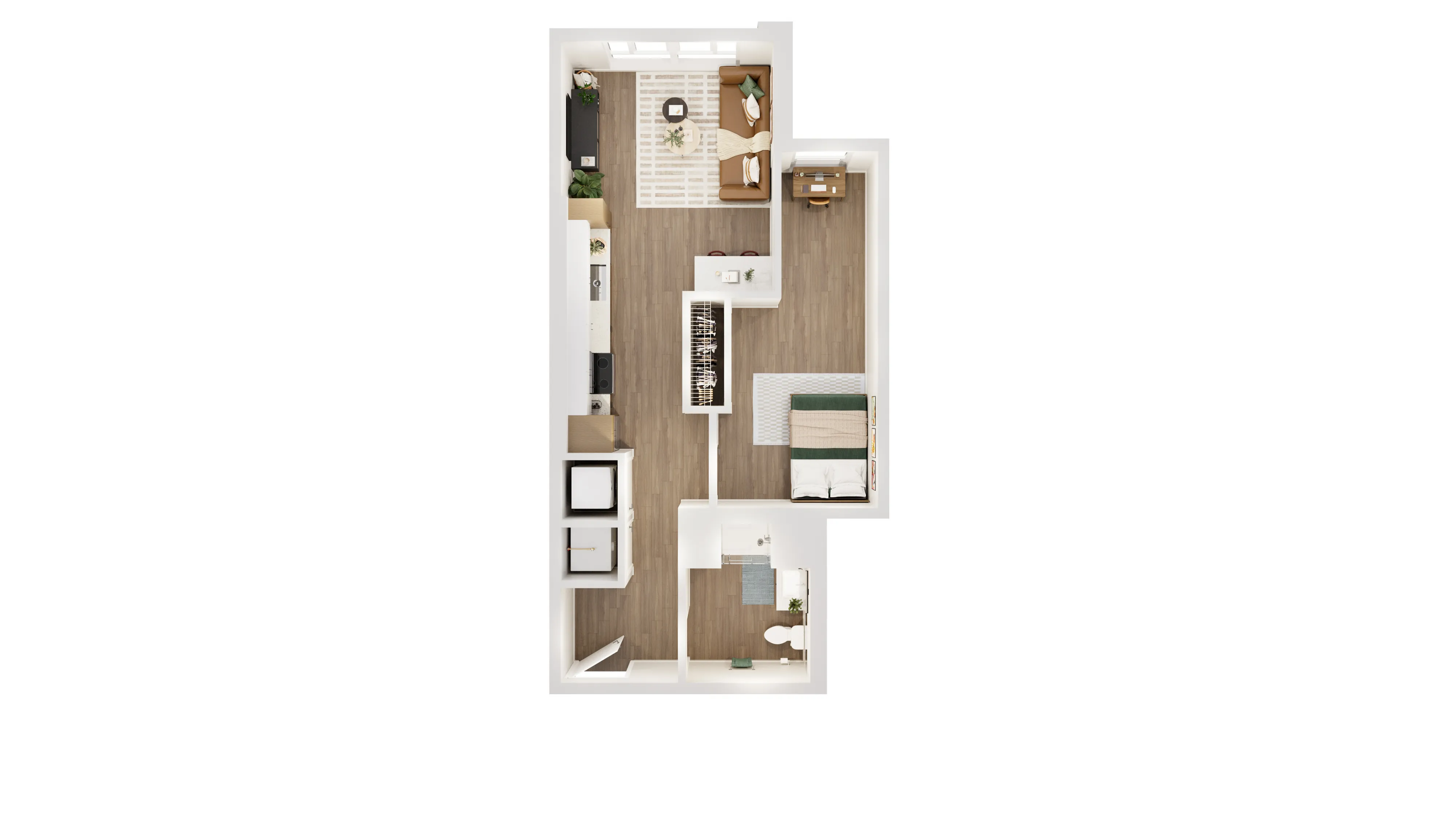 Modern 1-bedroom floor plan with an open living area, stylish kitchen, and cozy living space, perfect for urban living.